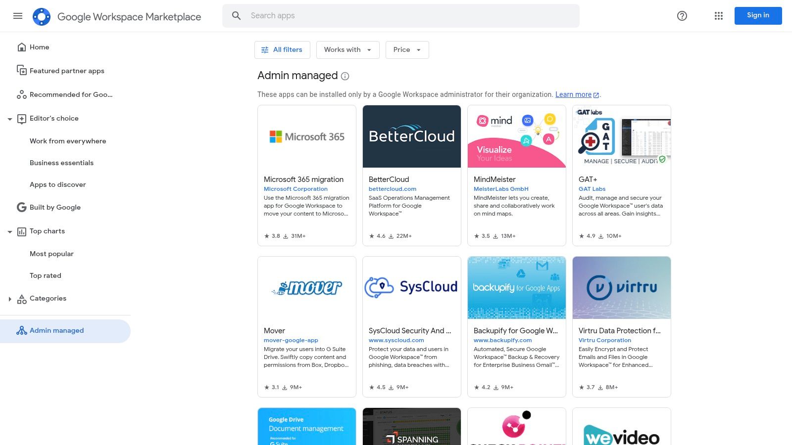 A view of the Google Workspace Marketplace, showing various applications available for integration with small business automation tools.