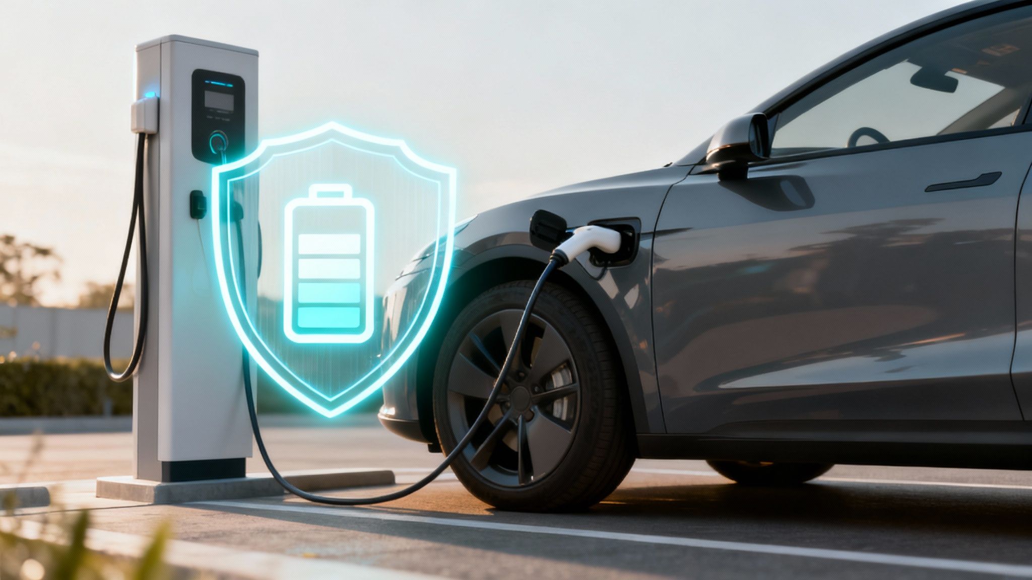 An electric vehicle plugged into a home charging station at night.