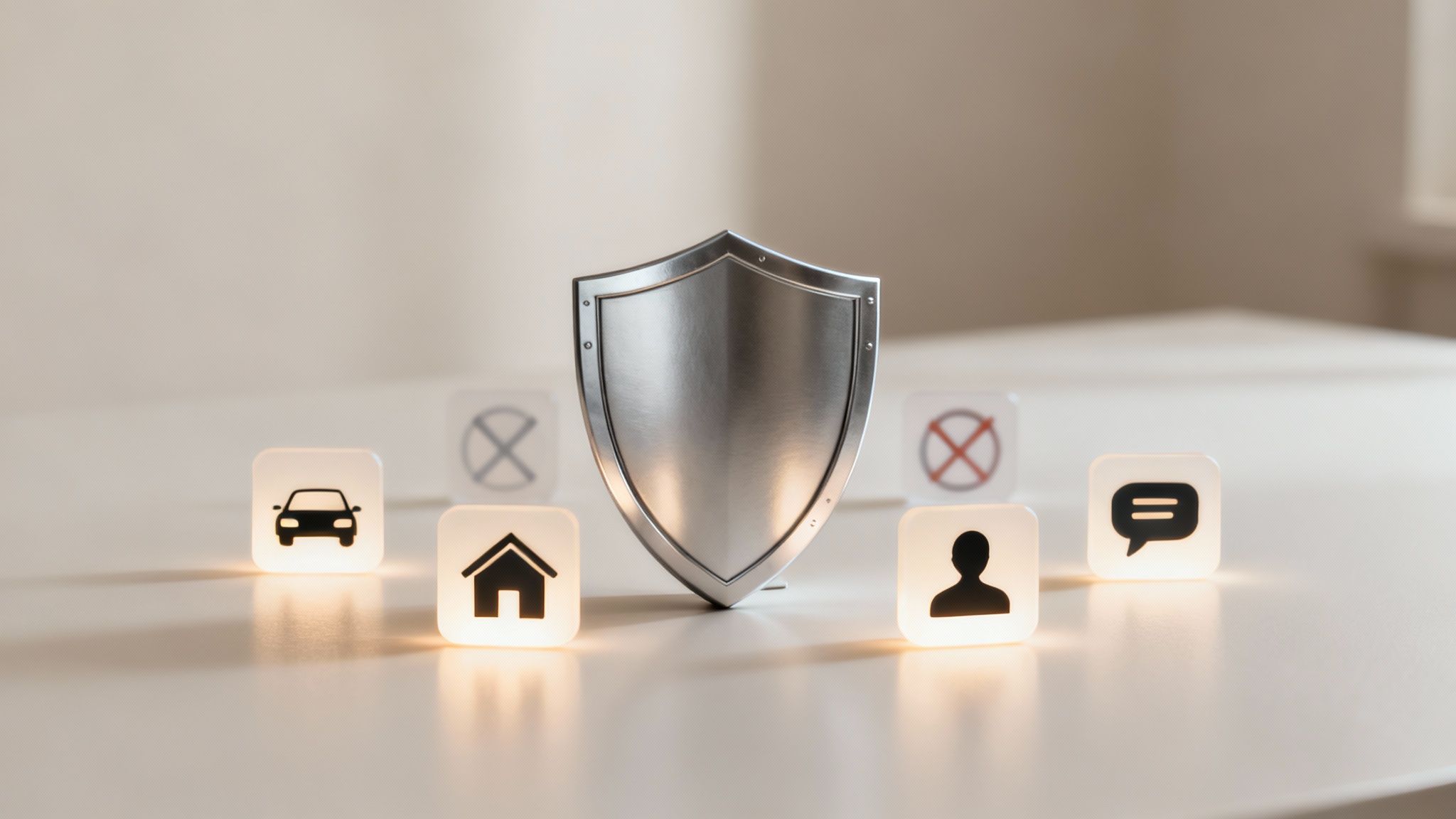 A magnifying glass hovering over an insurance document, highlighting the 'coverage' and 'exclusions' sections.