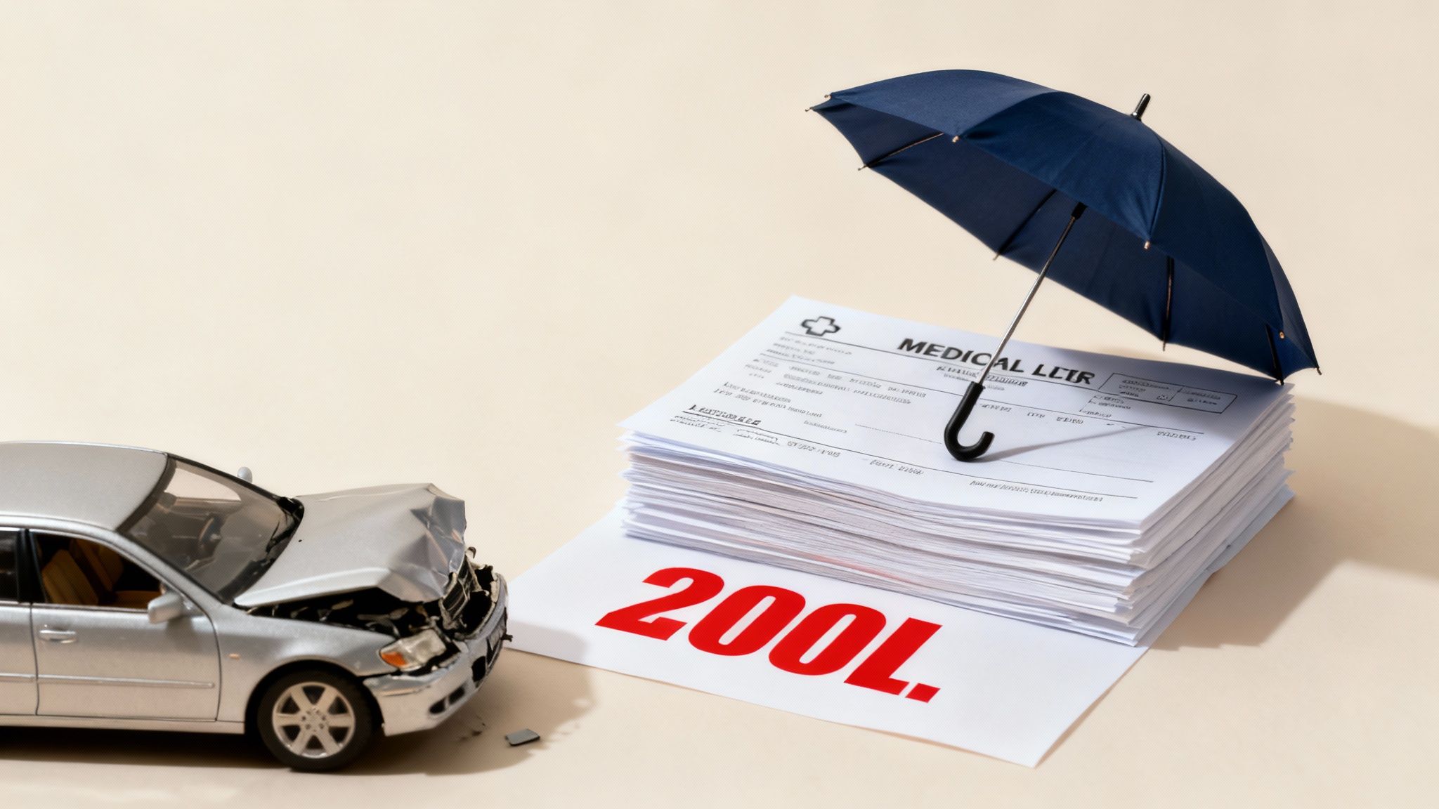 A visual representation of how an umbrella policy works, showing a base layer of auto/home insurance and an umbrella layer on top covering a larger claim.