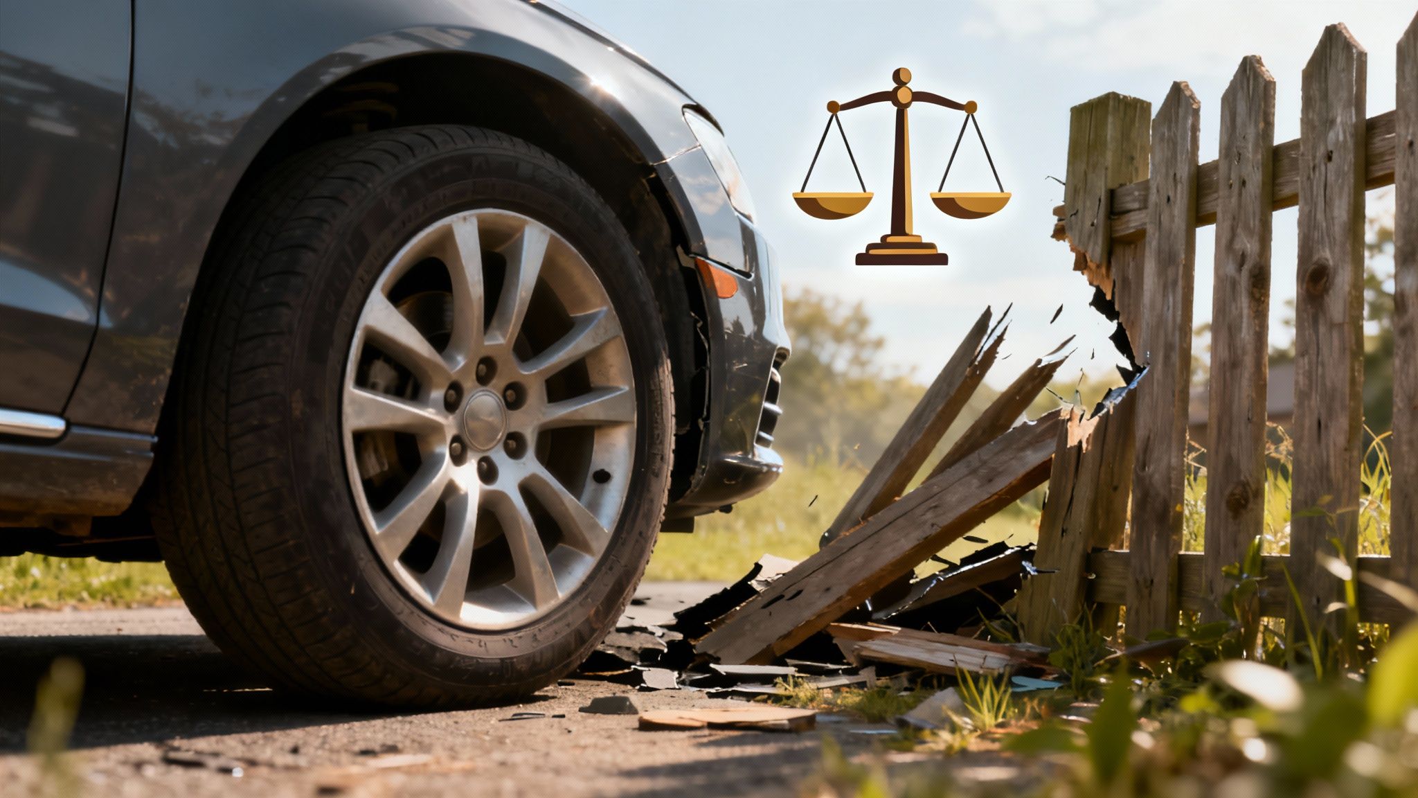 A car accident scene with a damaged fence and building in the background.