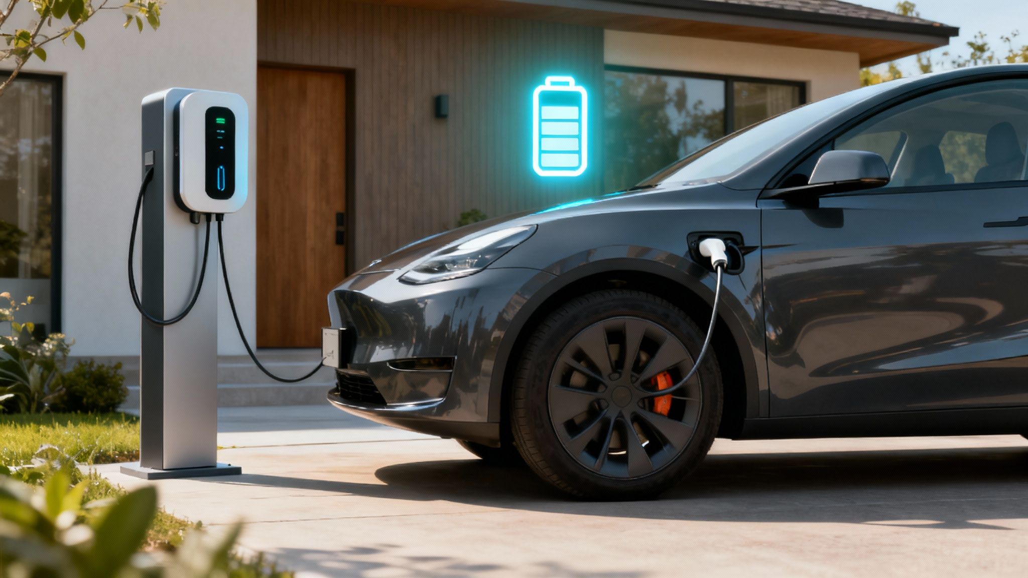 An electric vehicle charging at a modern charging station.