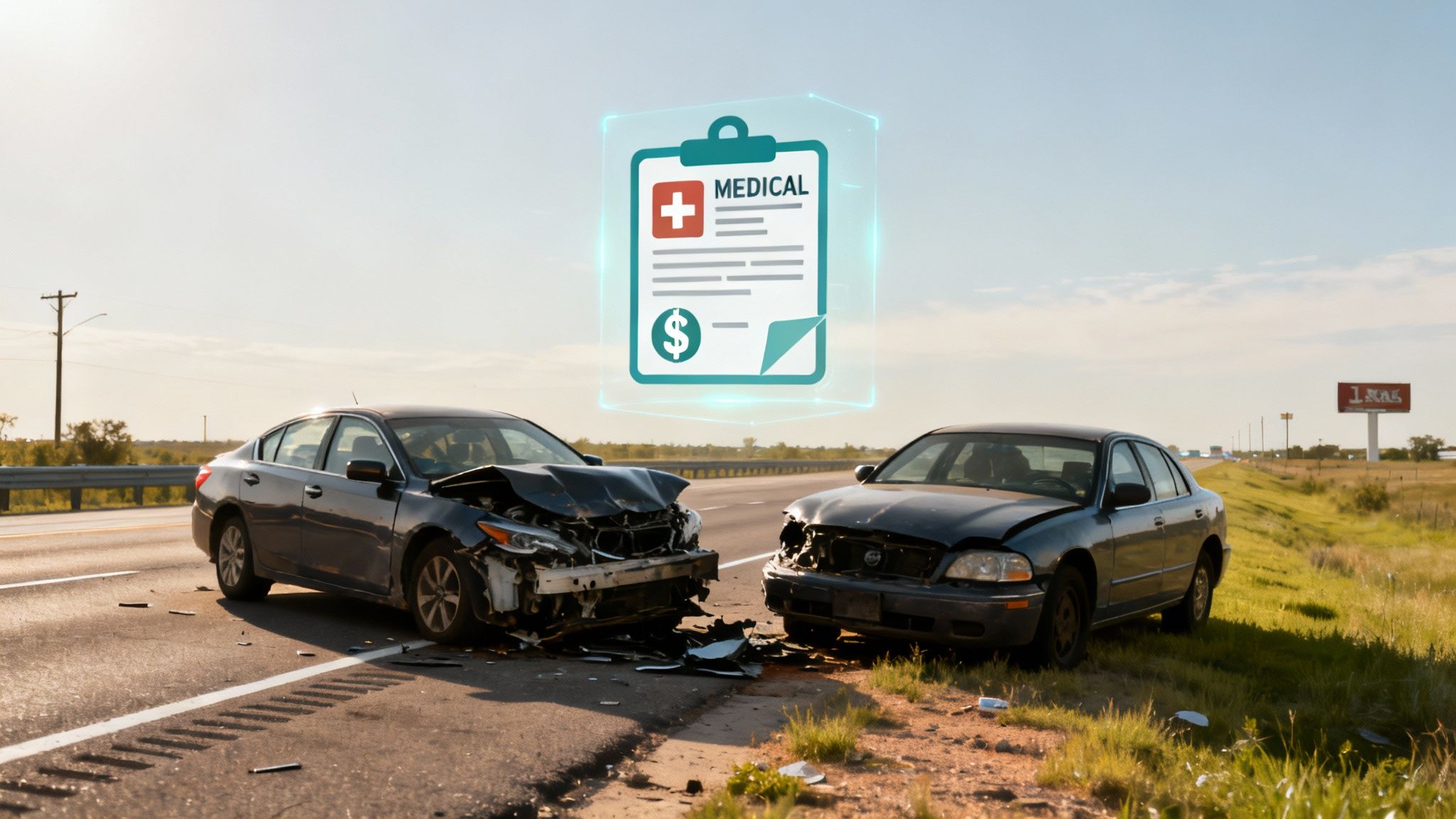 A multi-car accident on a Texas highway during rush hour.
