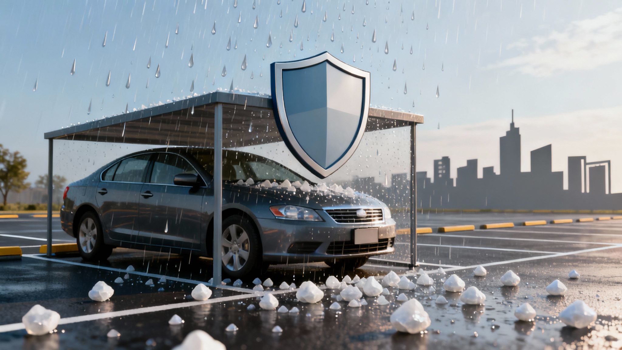 A family car parked in a driveway after a Texas hailstorm, showing small dents on the hood and roof.