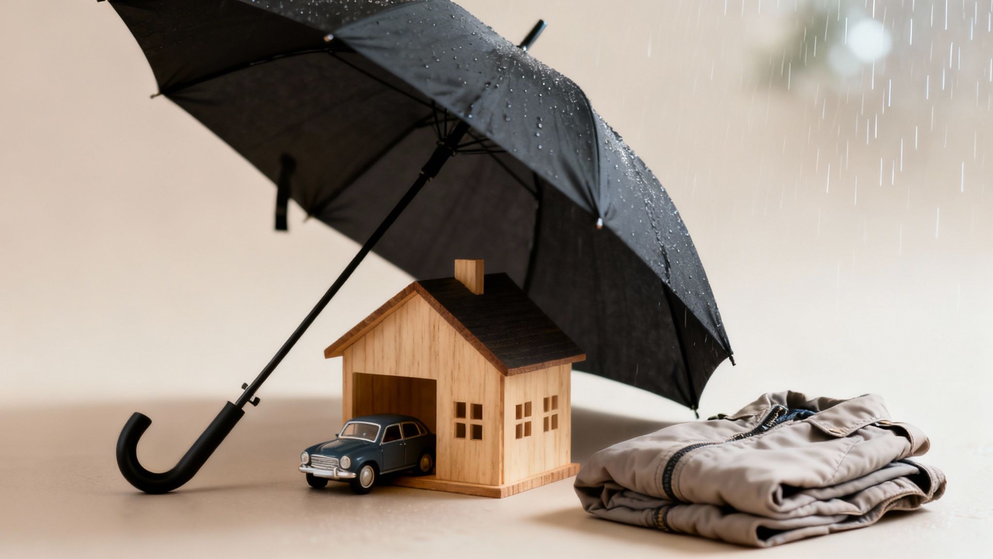 A person holding an umbrella over a house and car to protect them from rain, symbolizing umbrella insurance protecting assets.