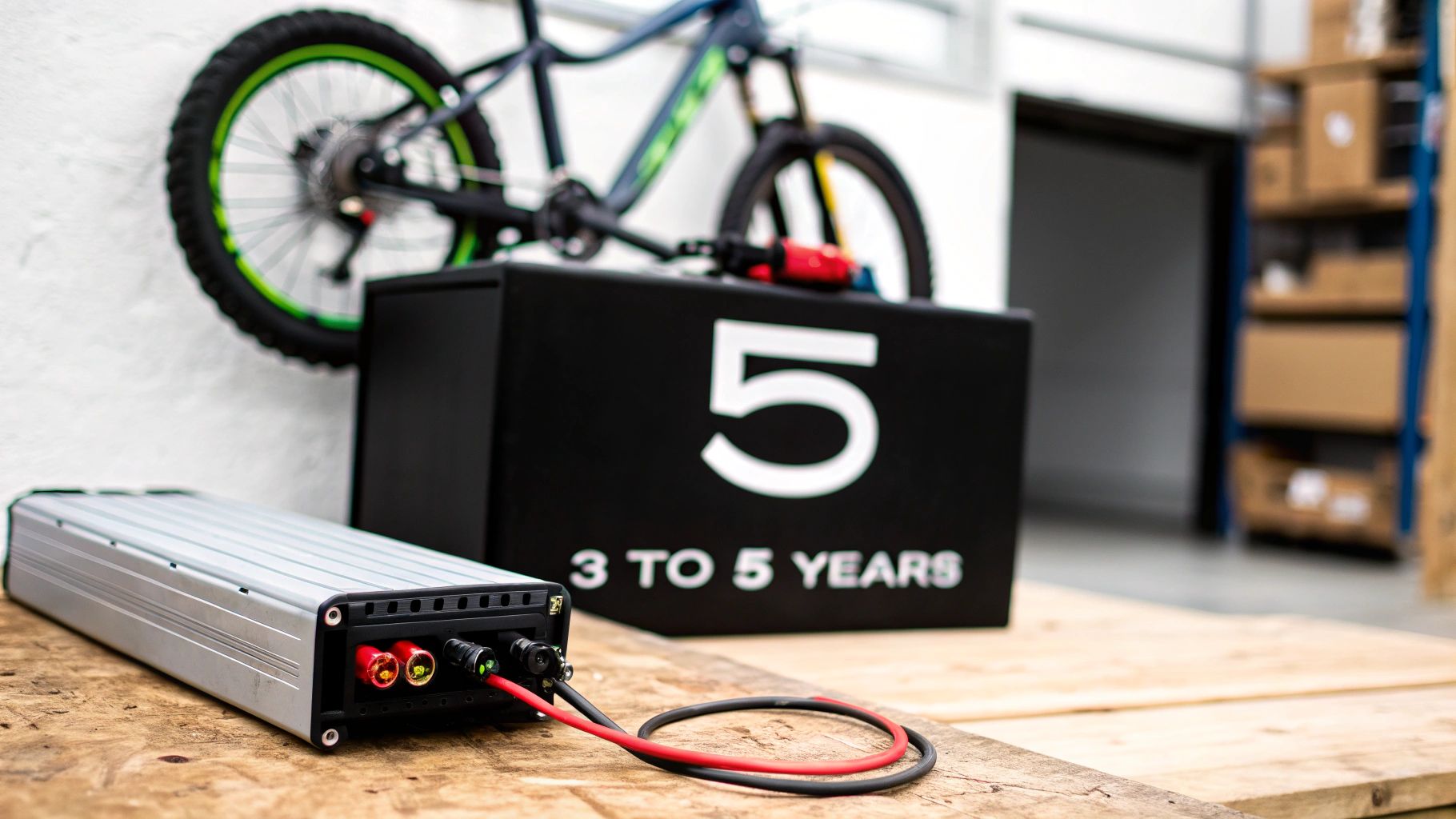 E-bike battery or controller on a wooden surface, with a box stating '3 TO 5 YEARS' lifespan in the background.