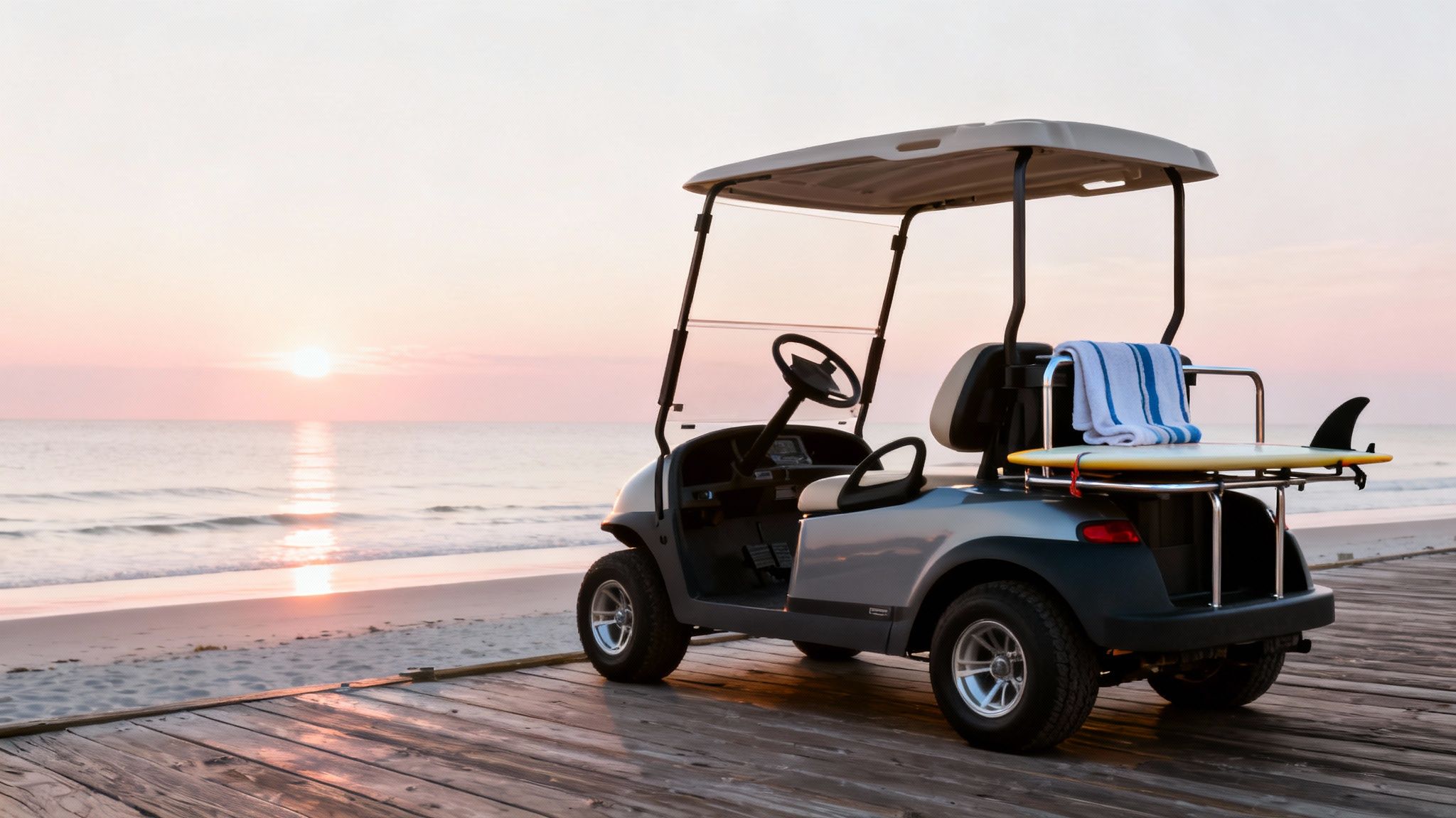 A gray golf cart with a surfboard and towel on the back, parked on a wooden boardwalk at sunrise.