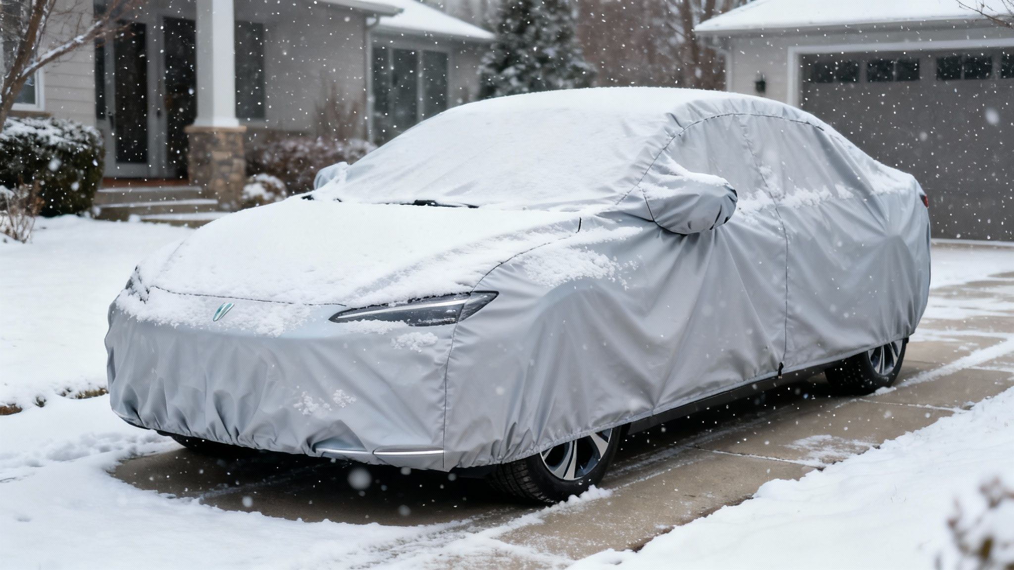 A car covered with a gray protective cover is parked outdoors in a winter snowfall.