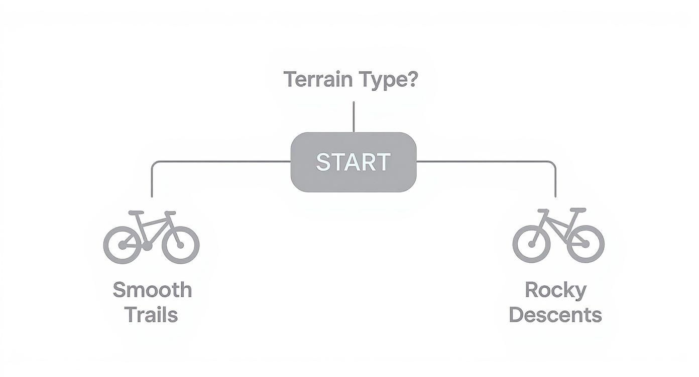 Flowchart illustrating terrain type options for biking: smooth trails versus rocky descents.