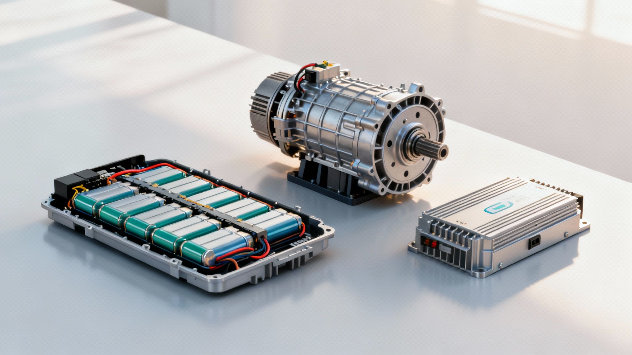 A close-up shot of an electric vehicle's high-voltage battery pack and motor assembly.
