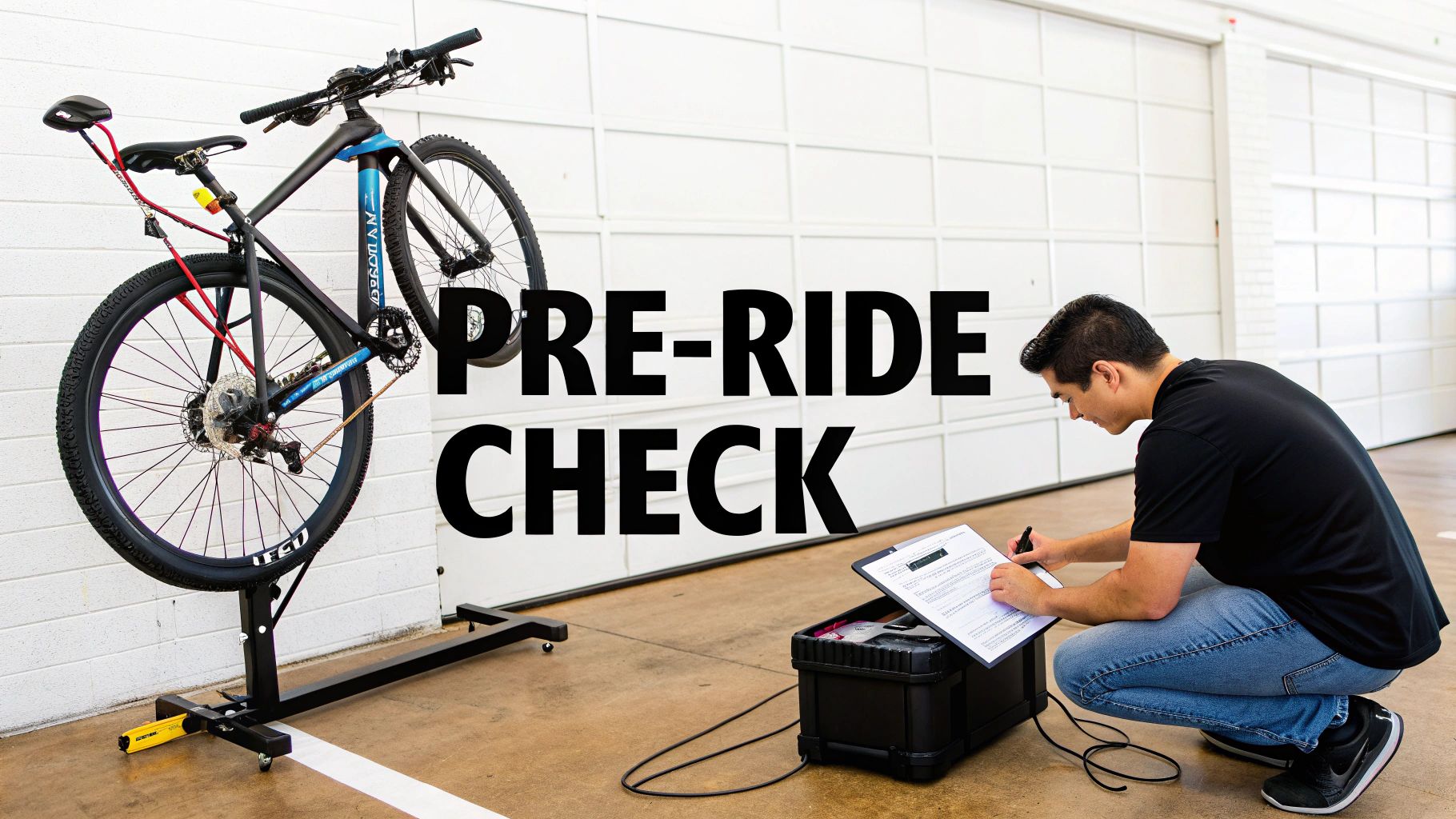 A man performs a pre-ride check on a bicycle suspended on a stand, filling out a form.