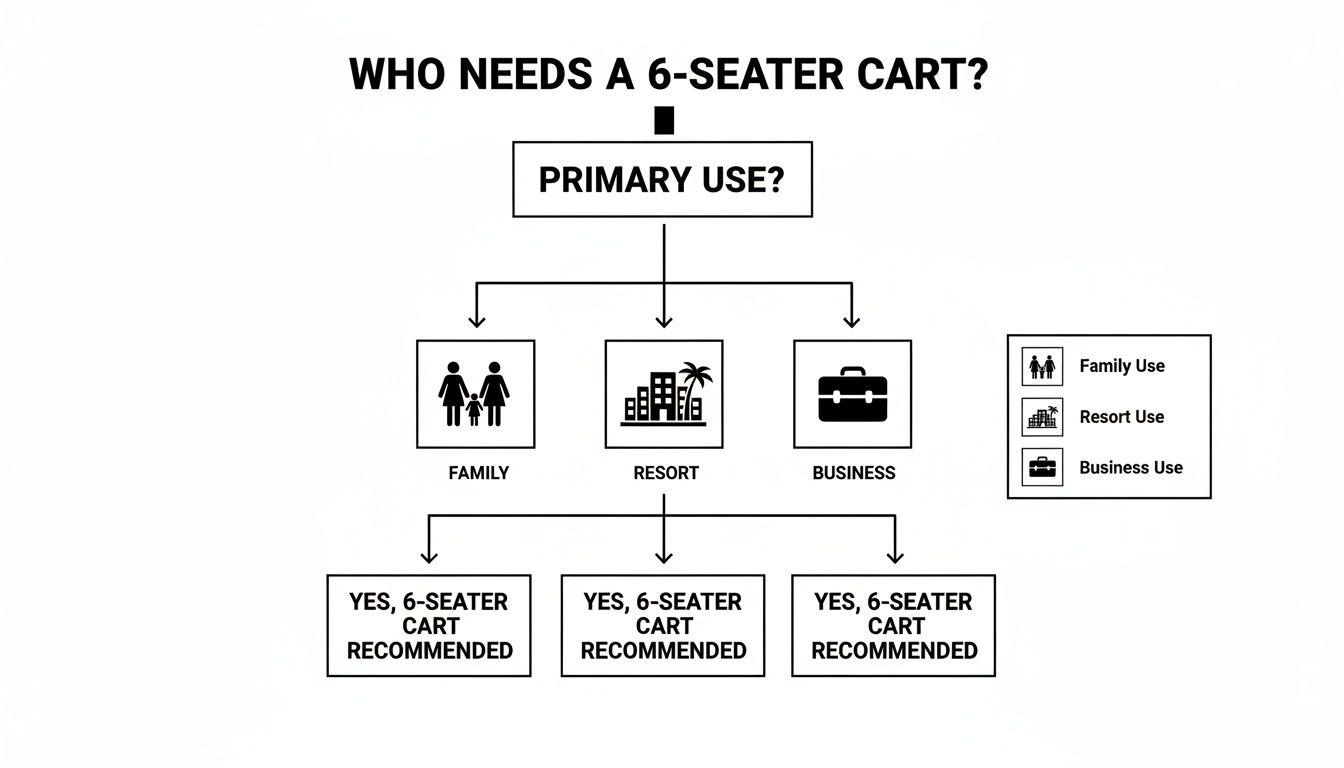 Flowchart illustrating who needs a 6-seater cart for family, resort, or business use cases.