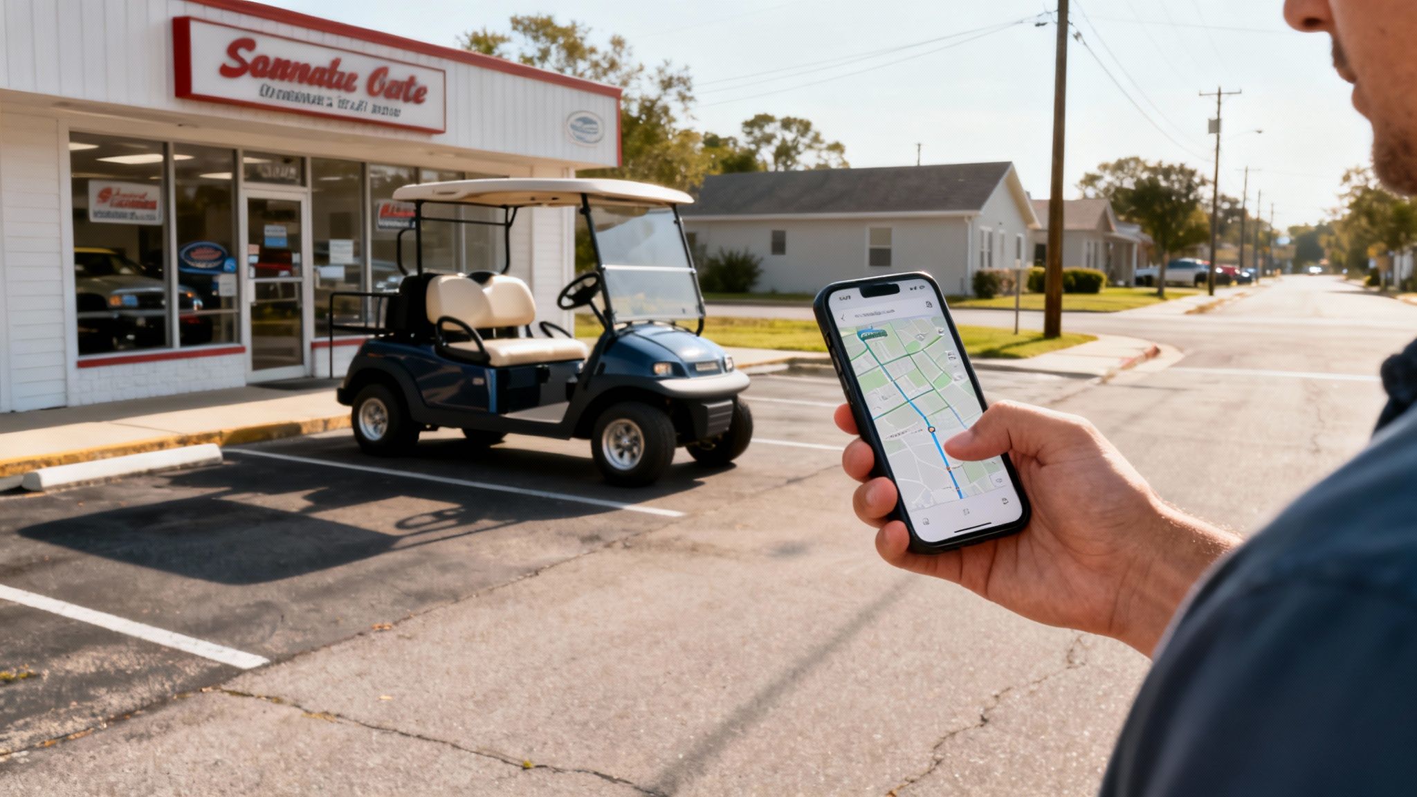 A person holds a smartphone showing a map, with a blue golf cart parked outside a business.