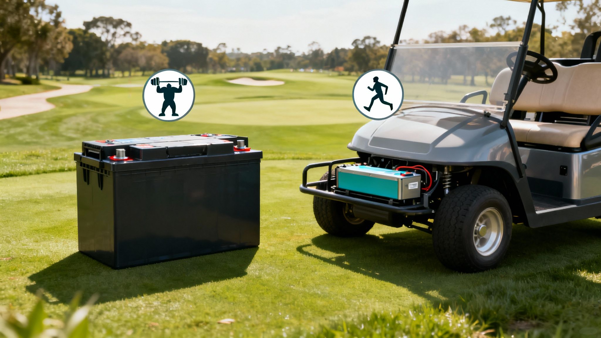 A modern golf cart lithium battery pack being installed into a golf cart chassis.