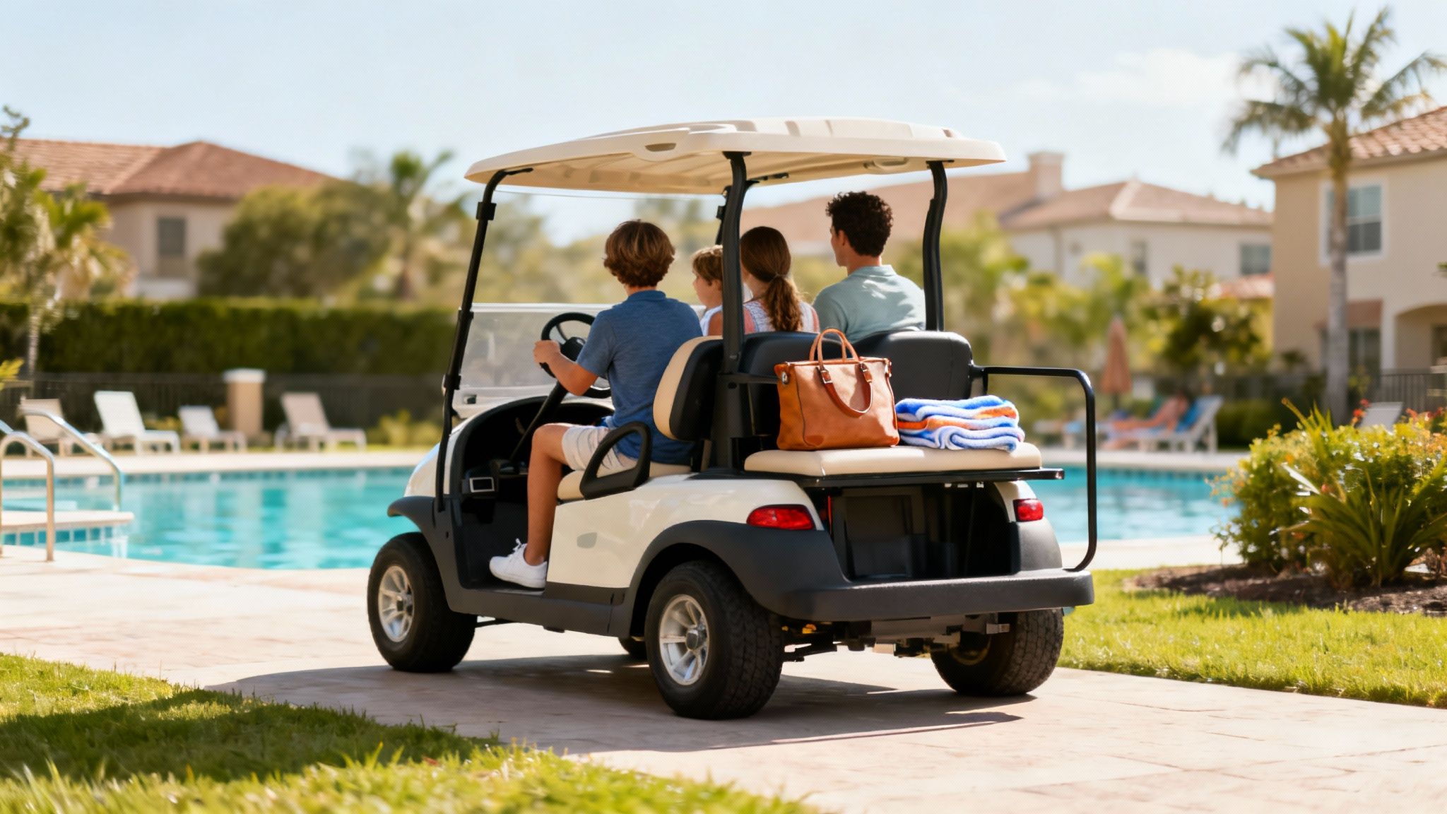 Family riding a 4-seater electric golf cart by a resort swimming pool on a sunny day.