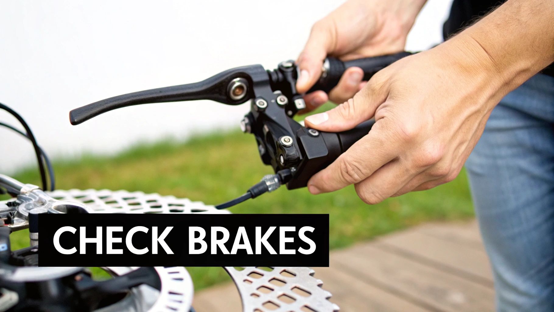 Person adjusting and checking bicycle brake lever and hydraulic brake system for safety maintenance