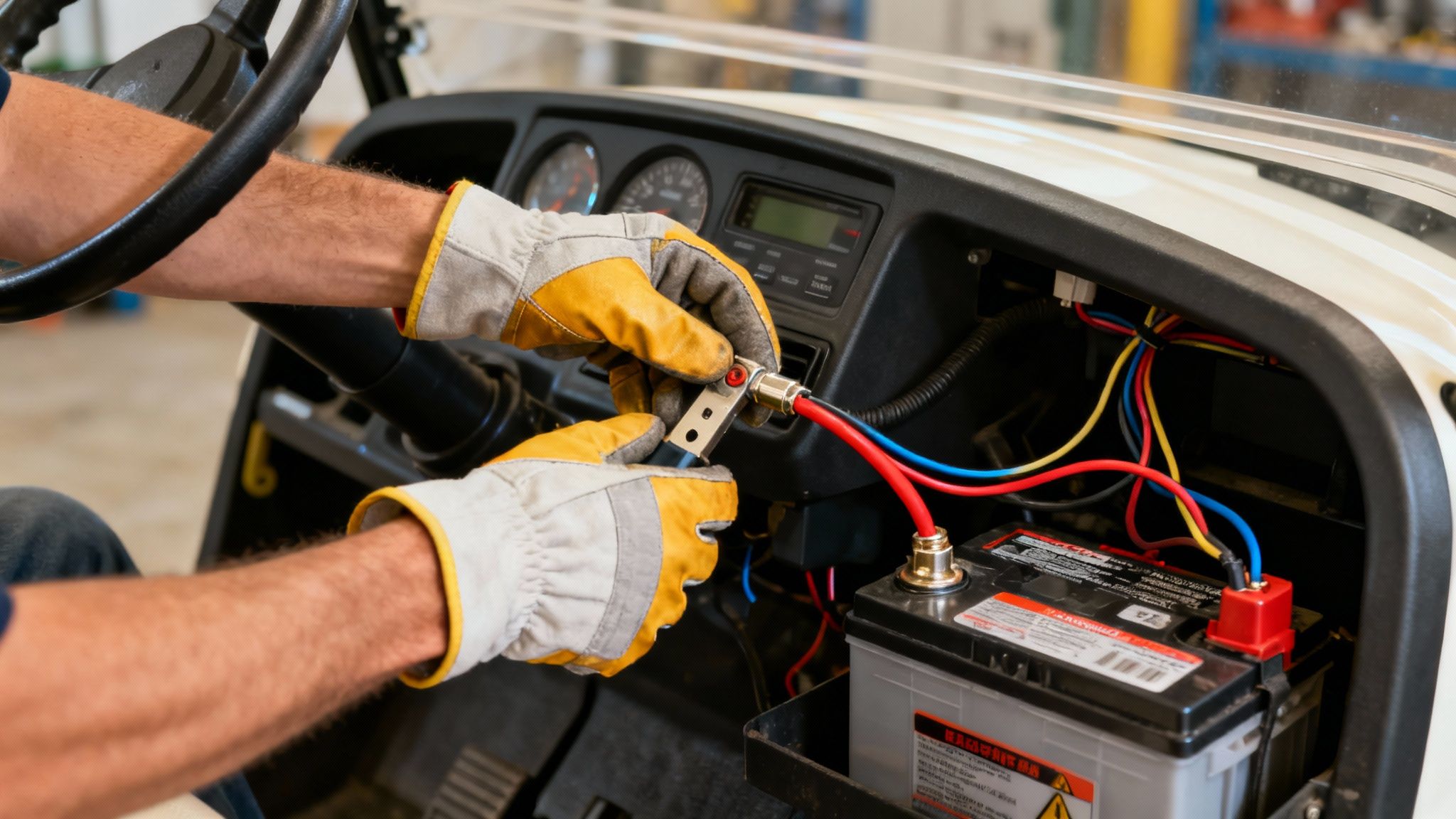 Technician installing a new battery gauge on a golf cart's dashboard.