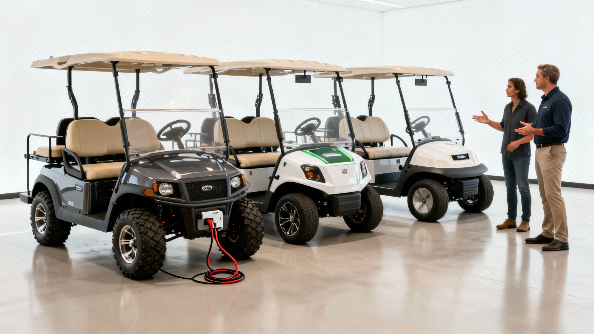 Three diverse golf carts in a showroom, one charging, while two people discuss them.