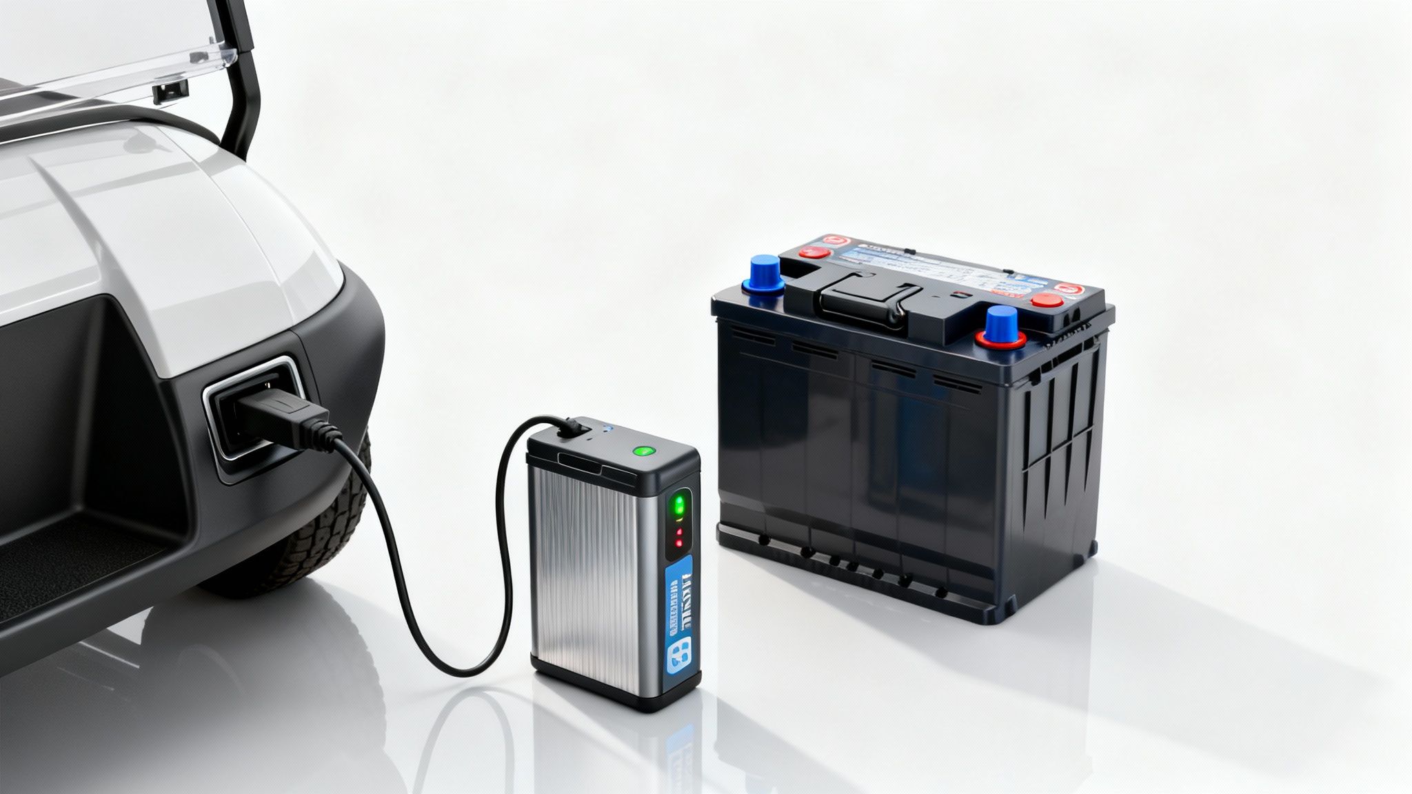 An electric golf cart charges from a portable power bank next to a large car battery.