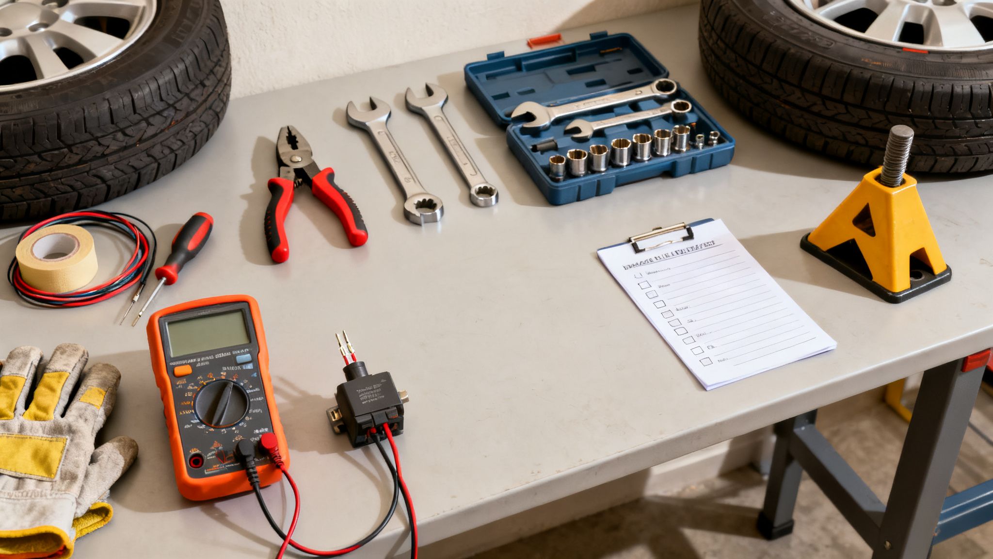 Flat lay of essential car repair and electrical tools, including tires, wrenches, and a multimeter on a table.