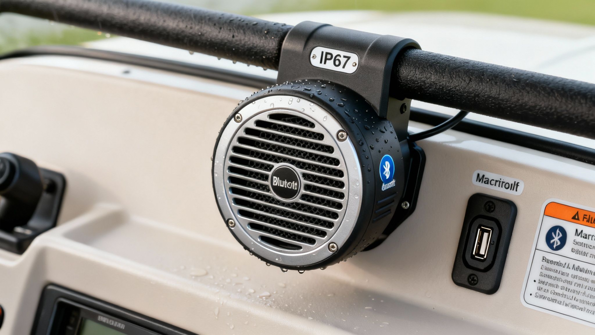 Waterproof Bluetooth speaker with IP67 rating, showing water droplets, mounted on a golf cart.