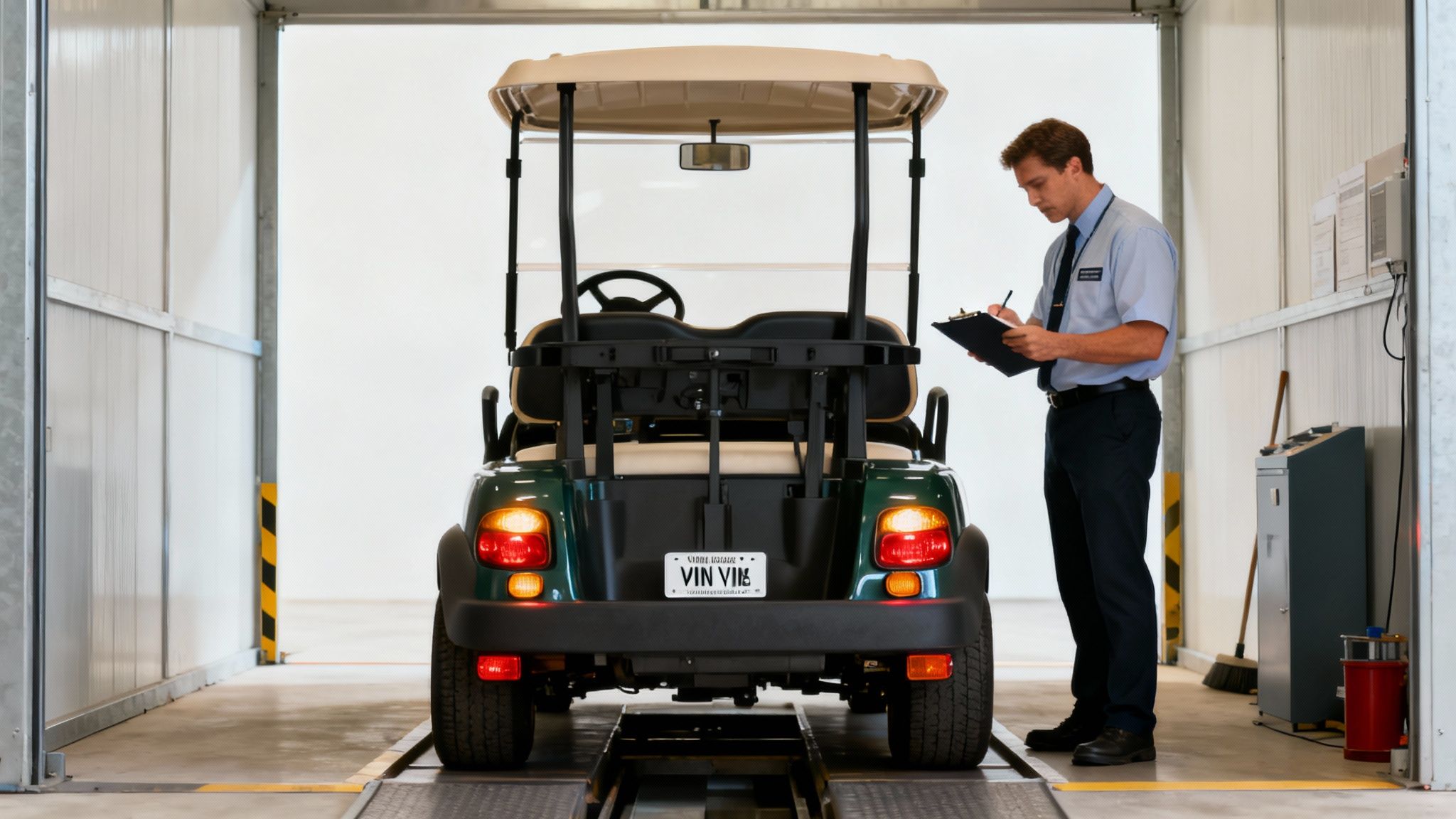 A person showing their newly registered street-legal golf cart paperwork and license plate.