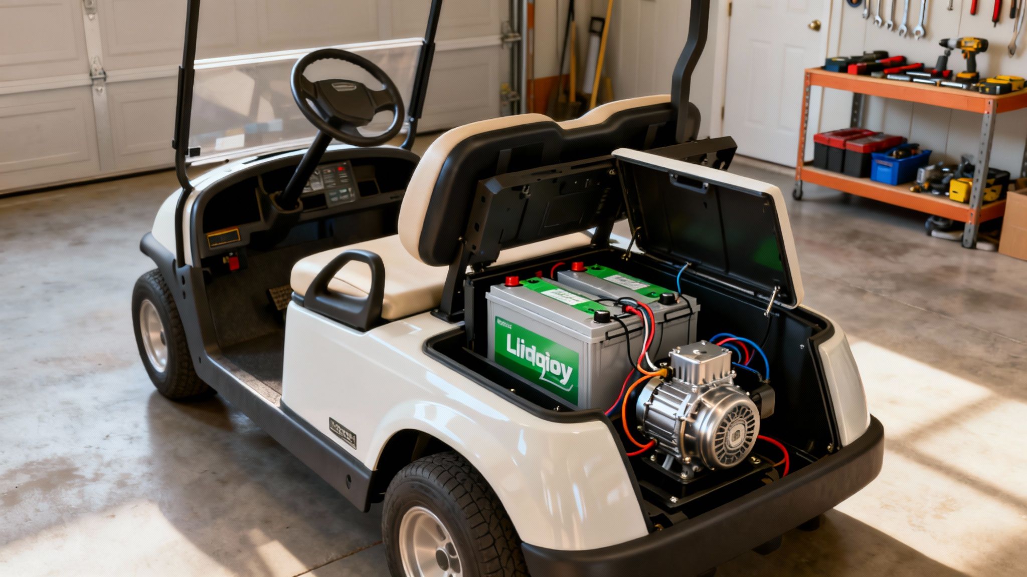 An electric golf cart with its rear compartment open, showing new Liidqioy batteries and motor in a garage.