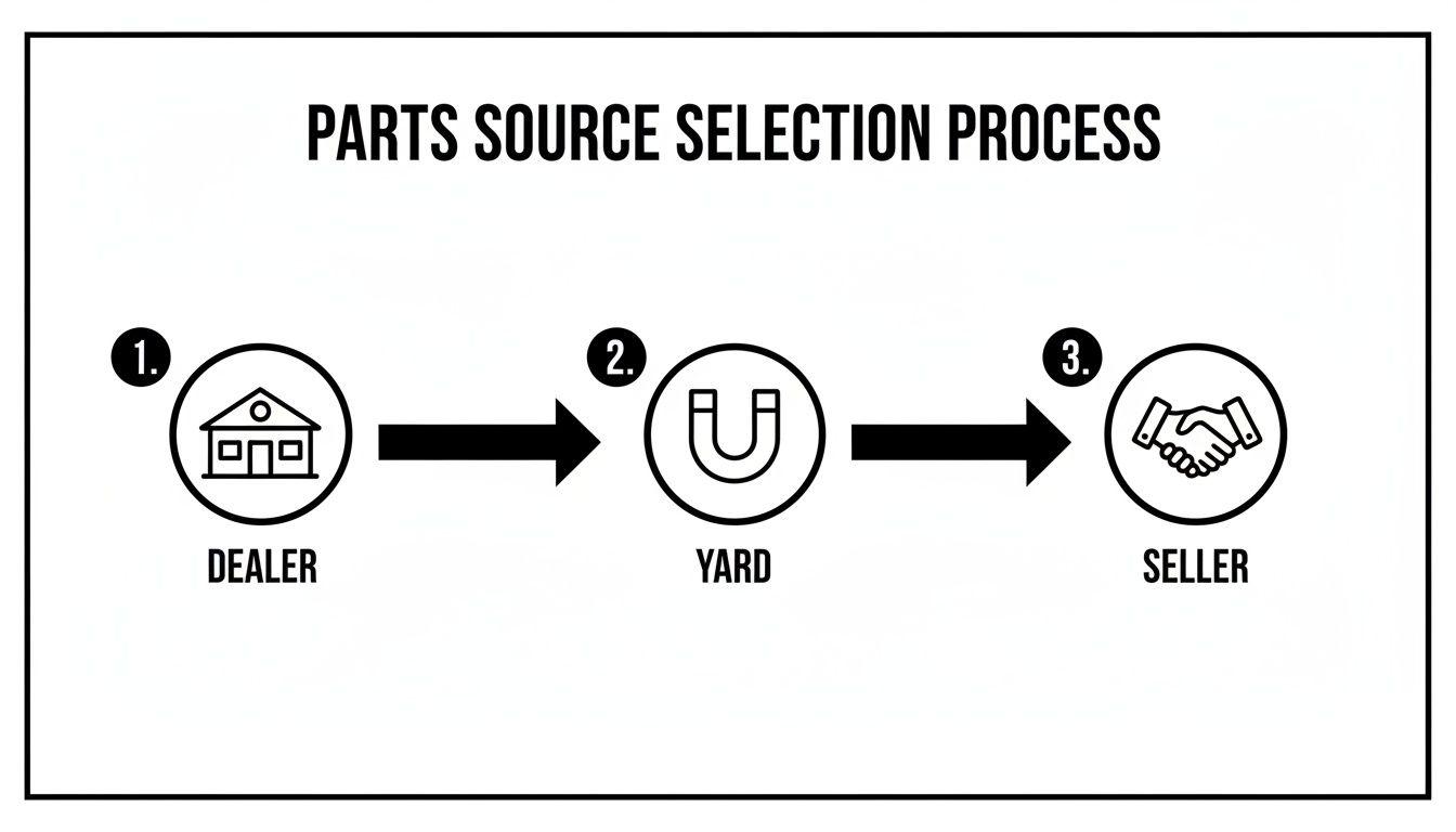 A diagram illustrating the parts source selection process, showing steps from Dealer to Yard to Seller.