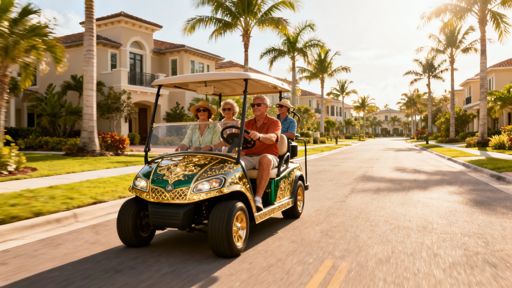 A family enjoys a ride in their luxury custom golf cart through a sunny, master-planned residential community.