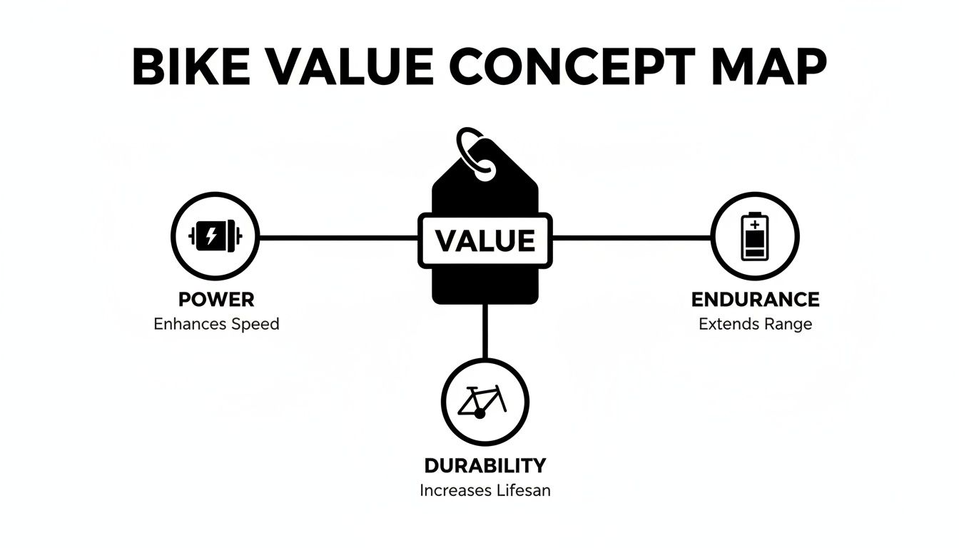 Infographic illustrates bike value components: power for speed, endurance for range, and durability for lifespan.