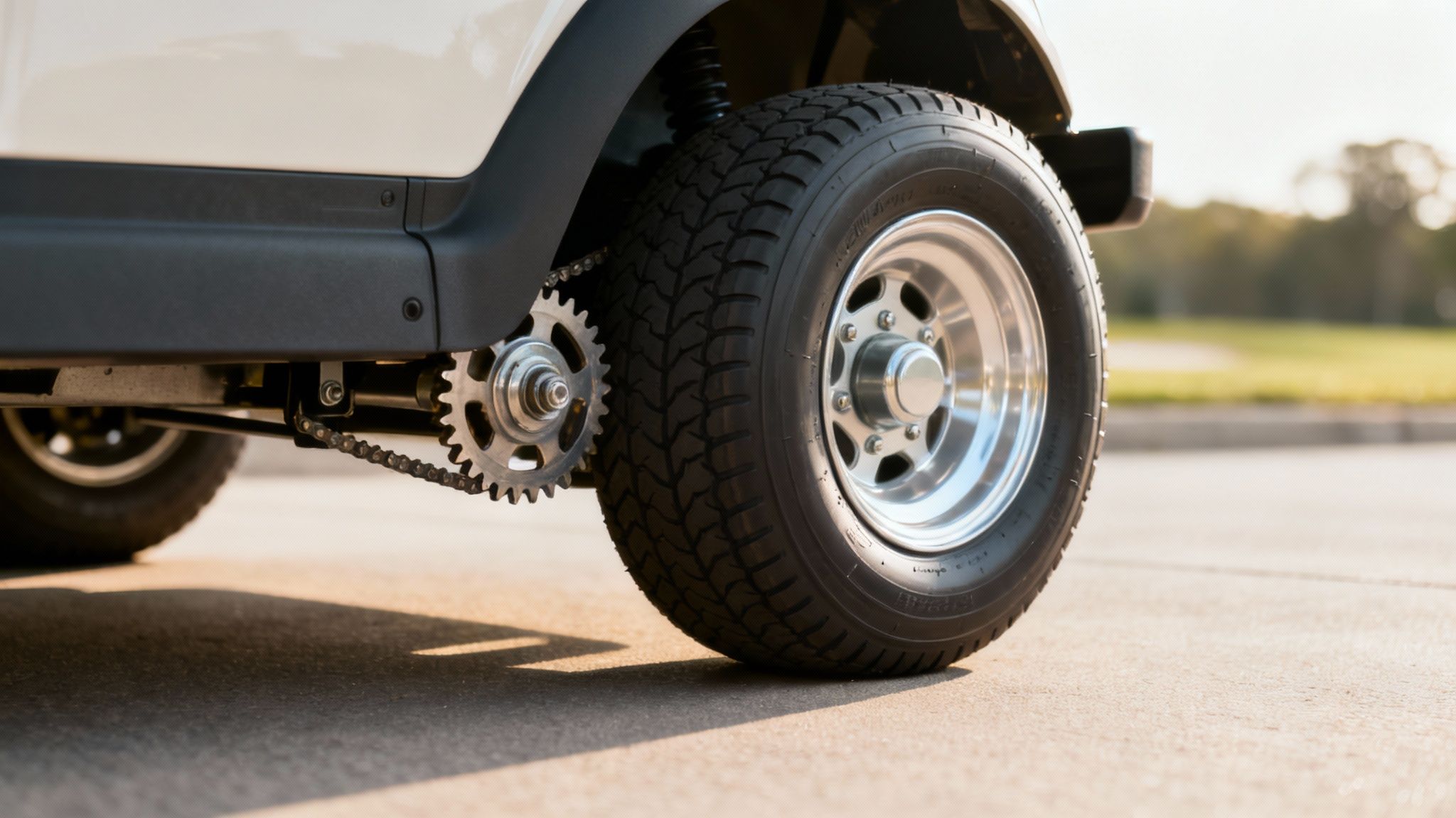 A streamlined electric golf cart moving quickly on a paved path