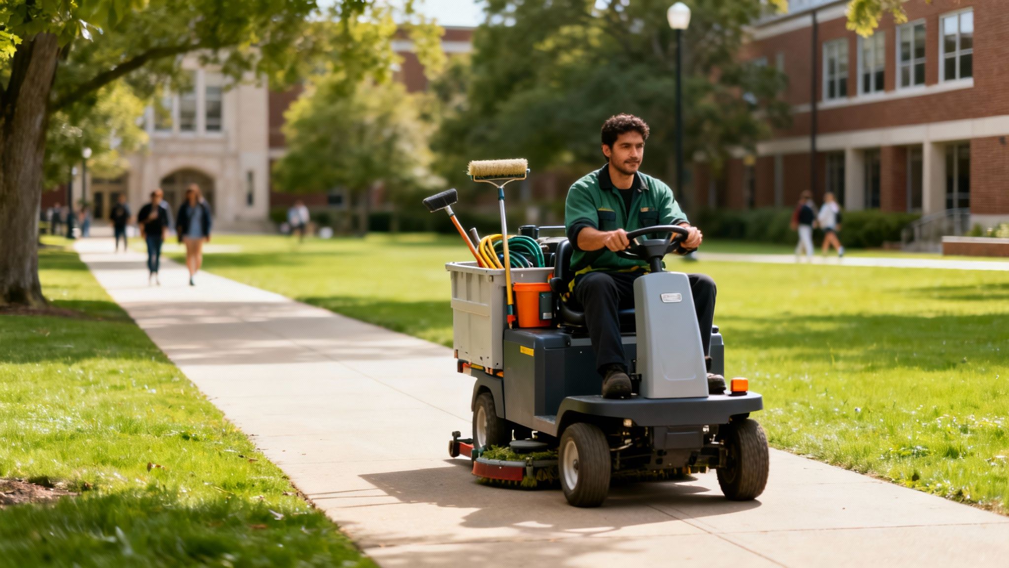 A groundskeeper drives a motorized utility cart with cleaning supplies on a college campus path.