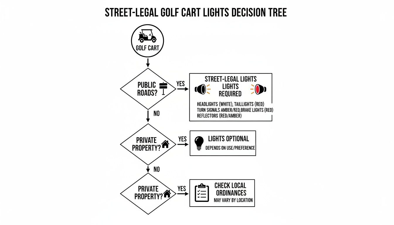 Flowchart illustrating golf cart lighting requirements for public roads versus private property.