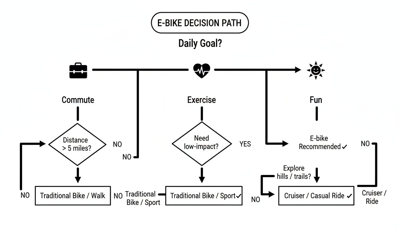 E-Bike Decision Path flowchart guides bike selection based on daily goals: commute, exercise, or fun.