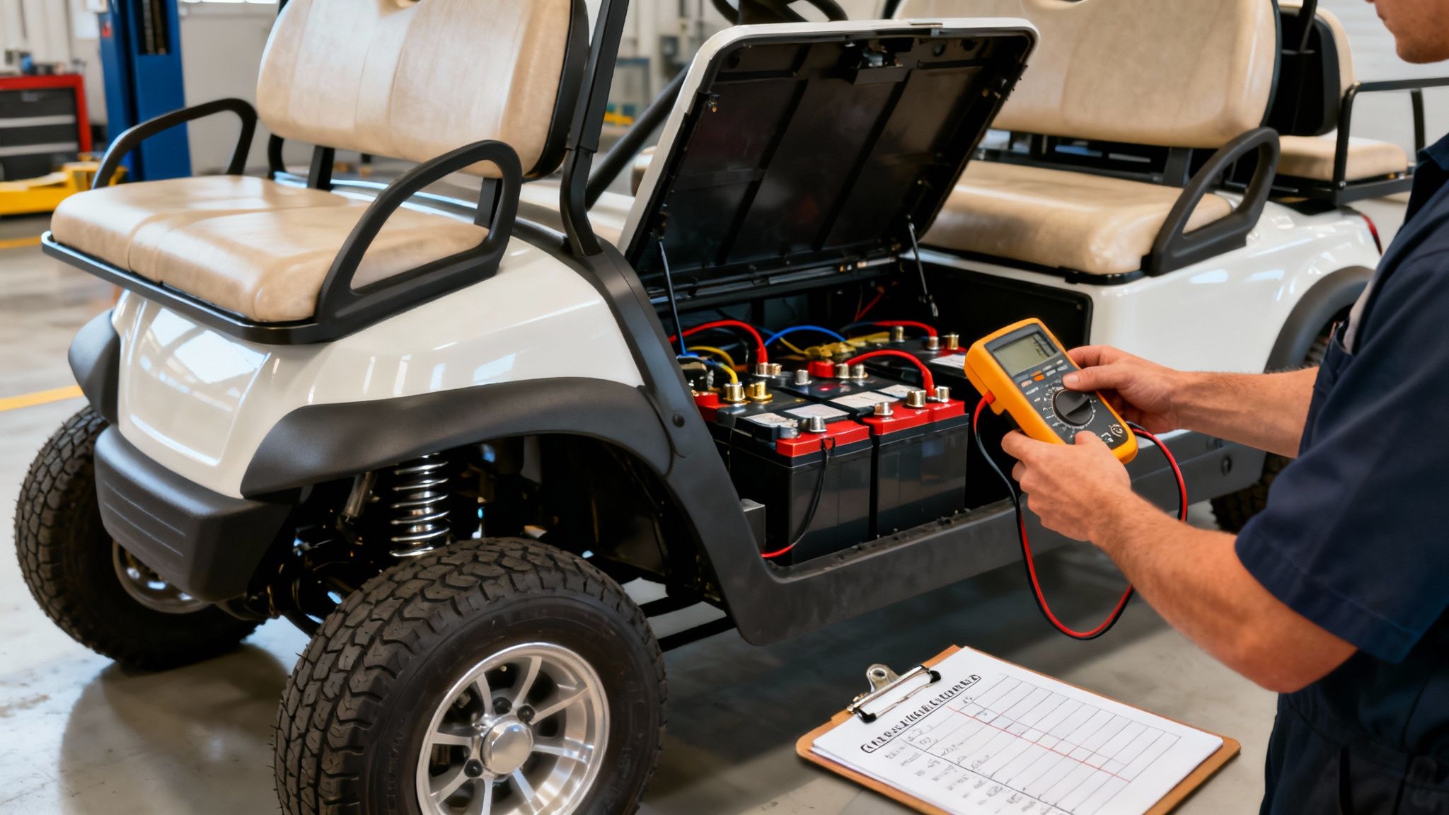 Mechanic uses a multimeter to check golf cart batteries during service, clipboard nearby.