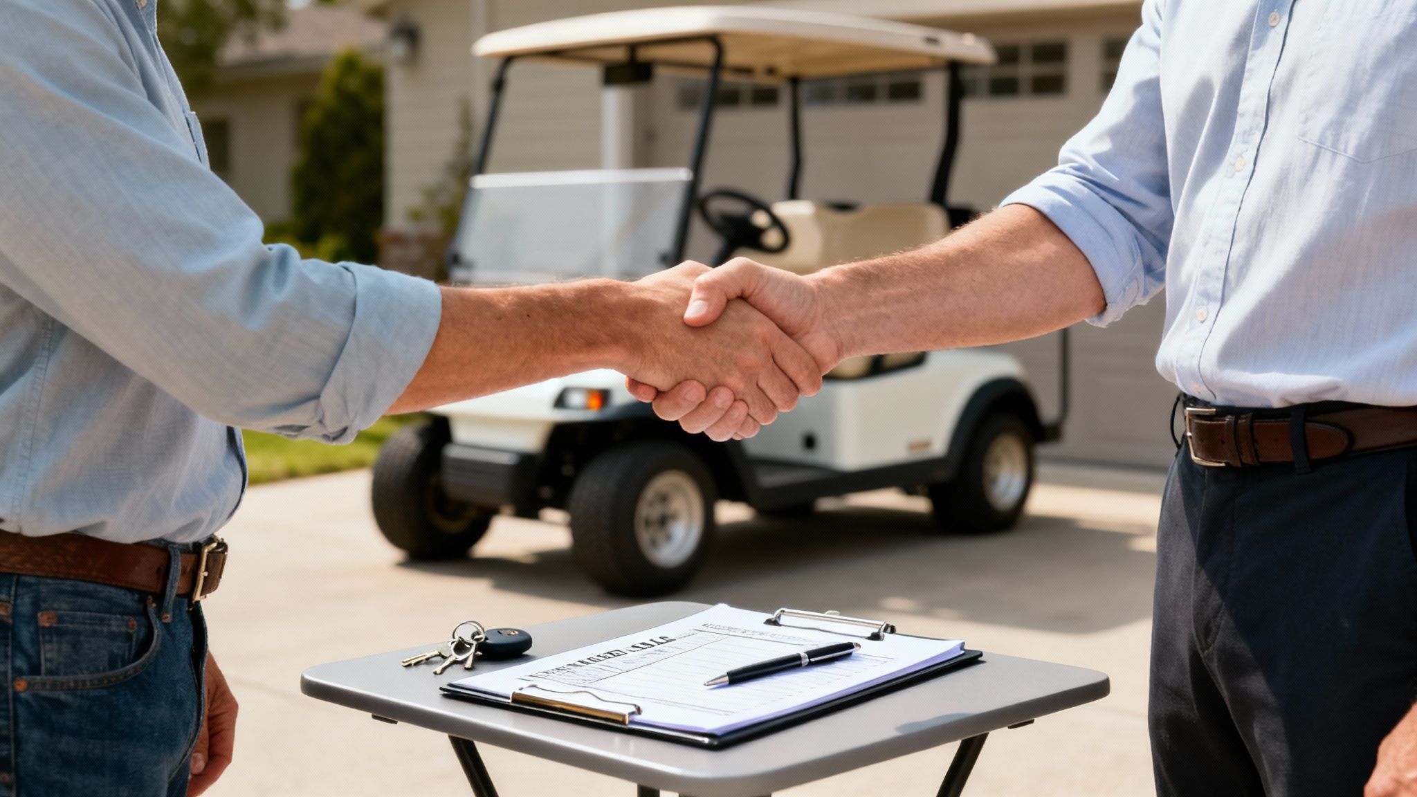 Two men shaking hands in front of a white golf cart, with a sales contract and keys on a table.