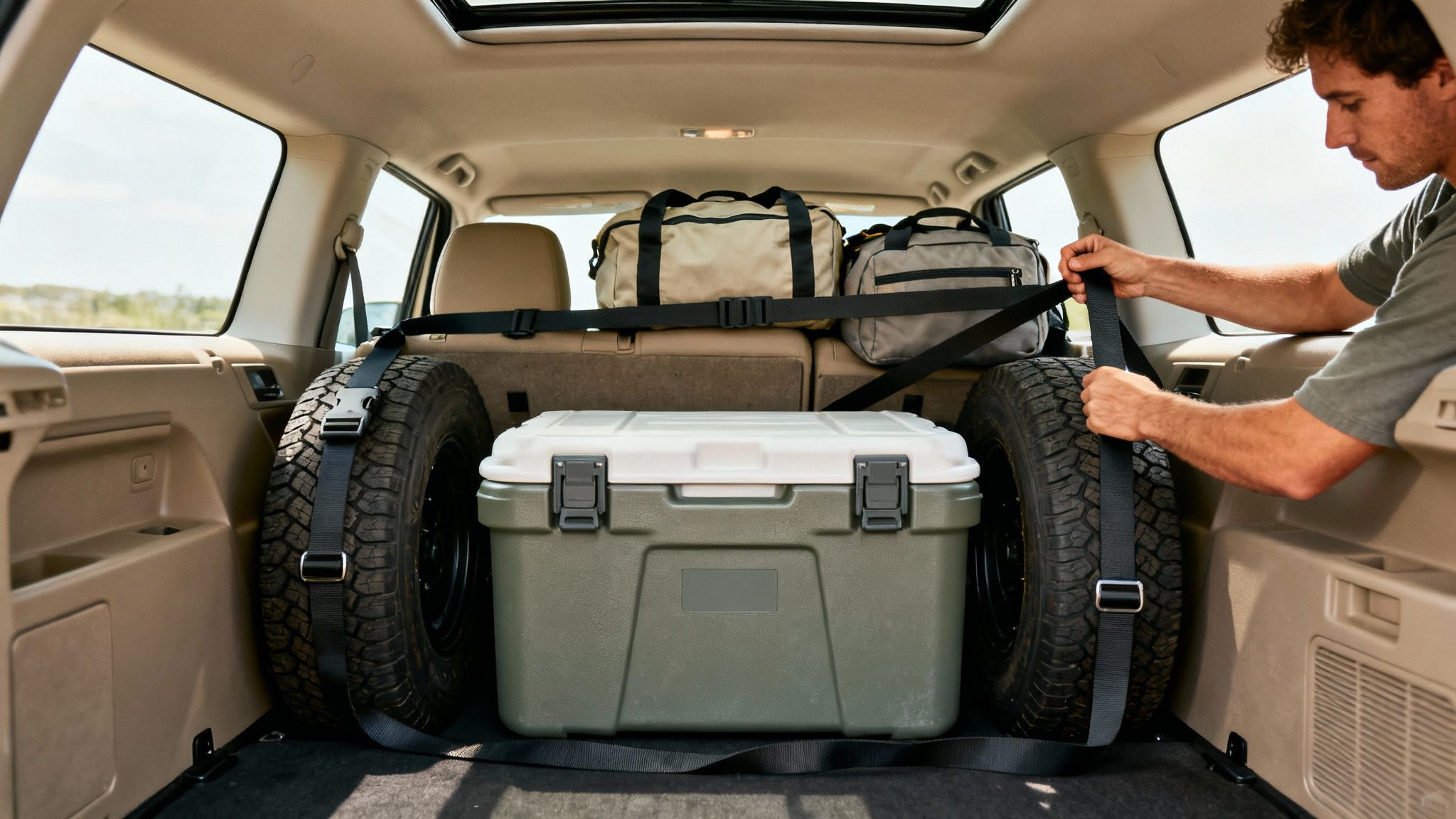 Man secures camping gear, including tires, cooler, and bags, in an SUV cargo area.