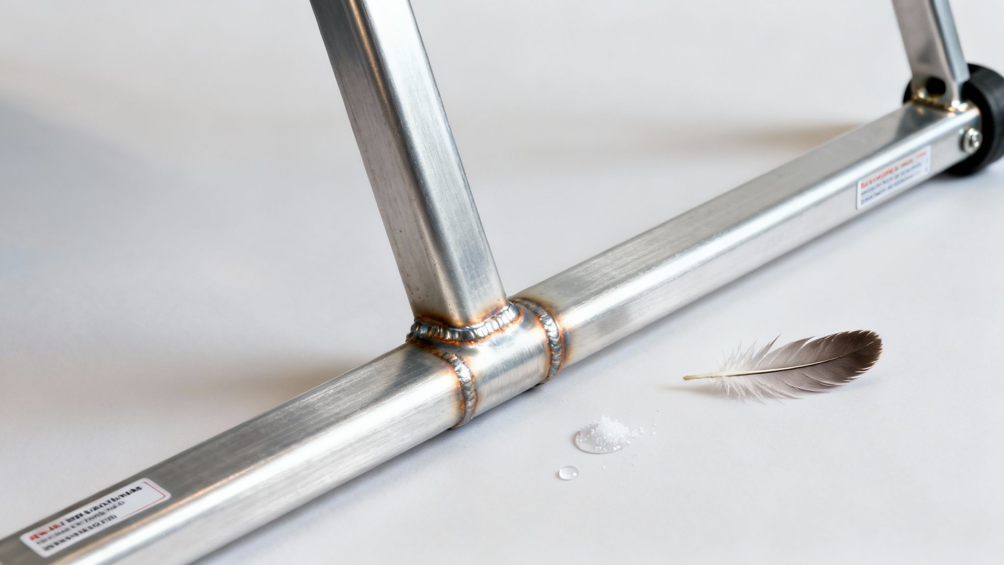 Close-up of a silver aluminum frame with visible welds, a feather, salt, and water drops.