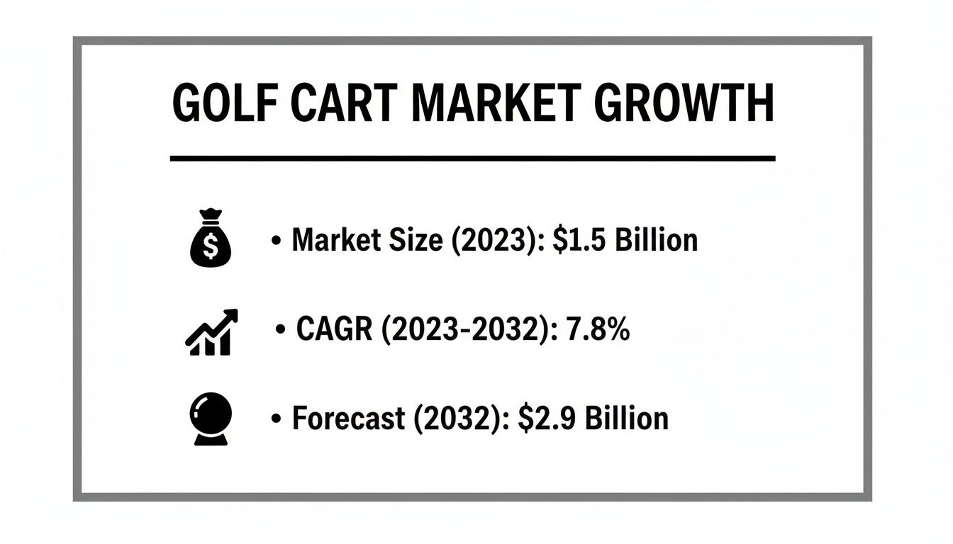 An infographic detailing golf cart market growth, showing 2023 size, CAGR, and 2032 forecast.