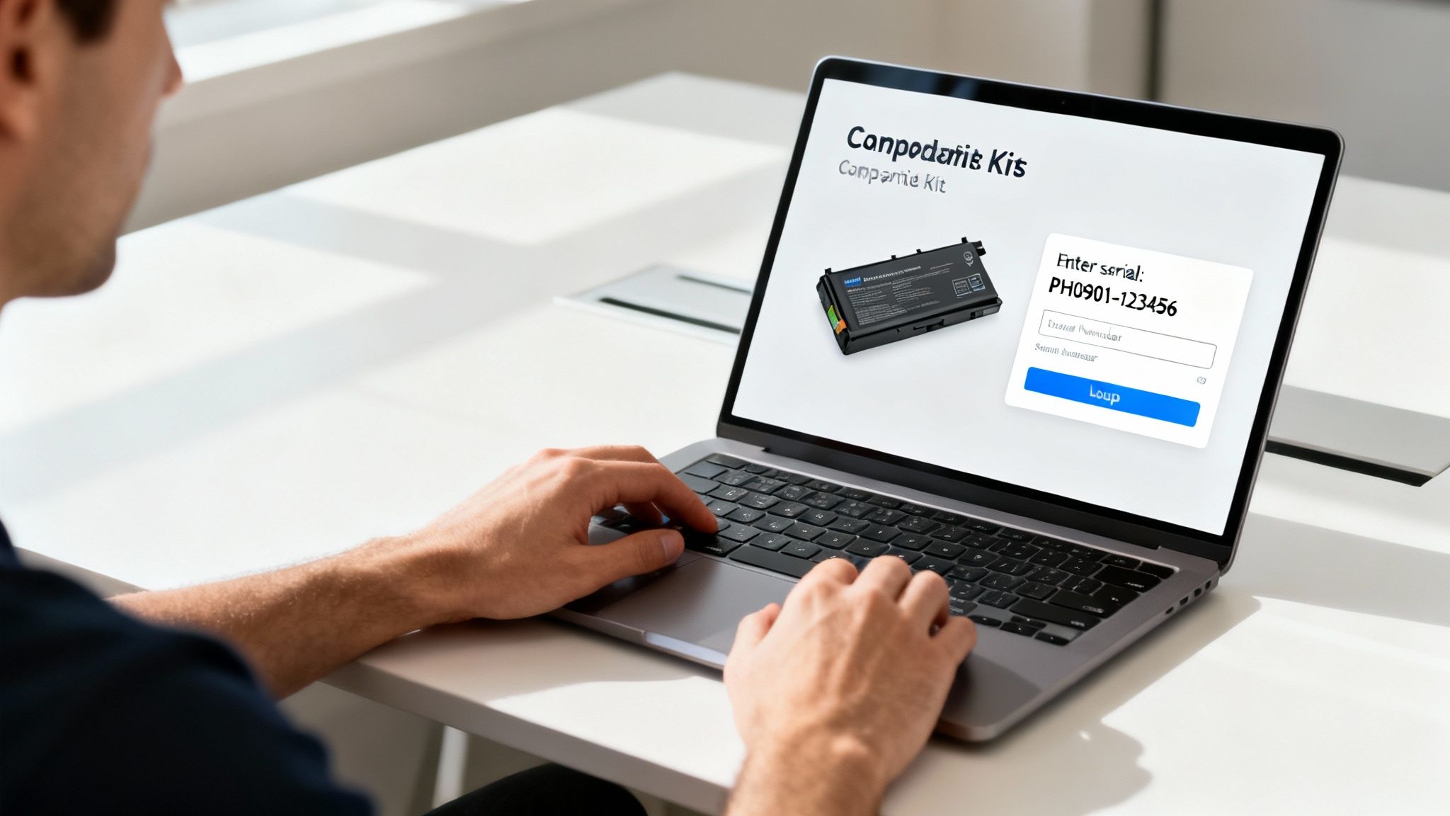 A person types on a laptop, viewing a webpage to look up a battery pack serial number.