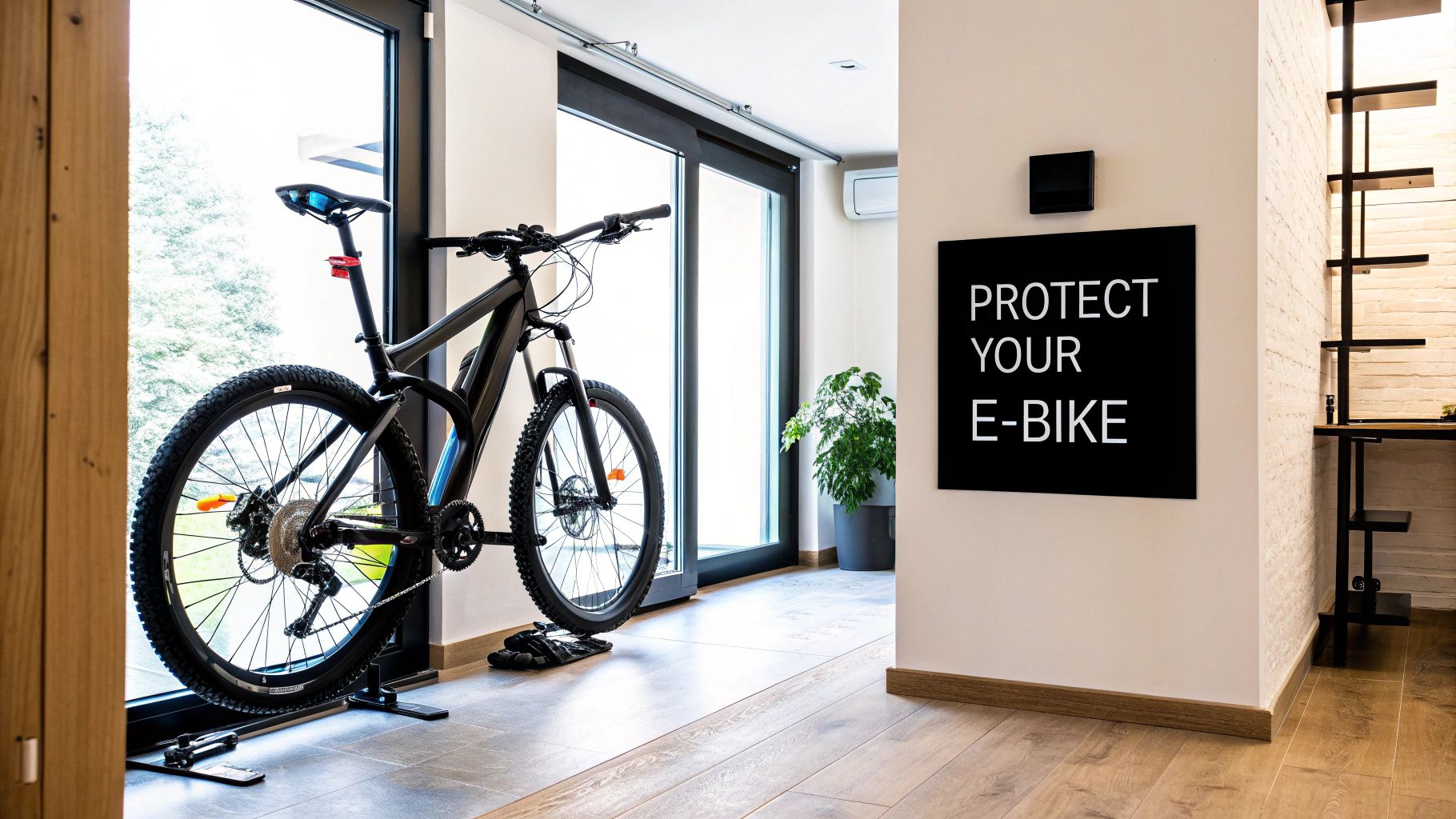 A black electric bike is stored indoors next to a large window, with a 'PROTECT YOUR E-BIKE' sign on the wall.