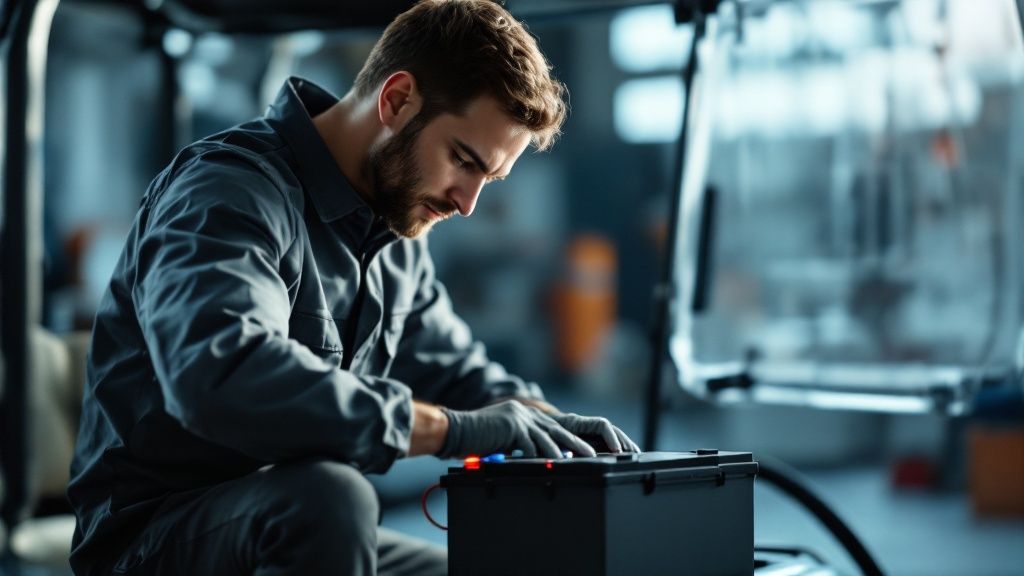 A person connecting a new lithium battery to their golf cart in a clean, well-lit garage setting.