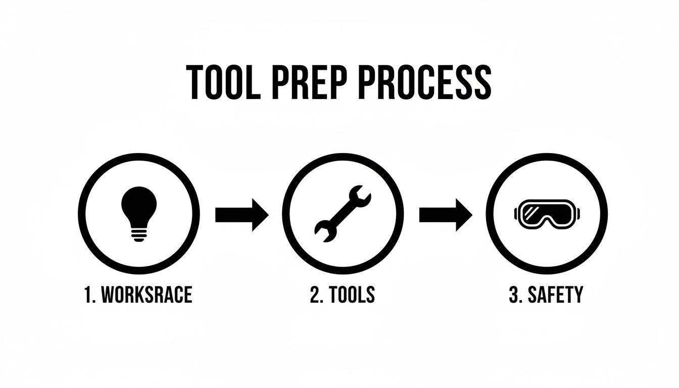 A three-step tool preparation process diagram showing workspace, tools, and safety with icons.