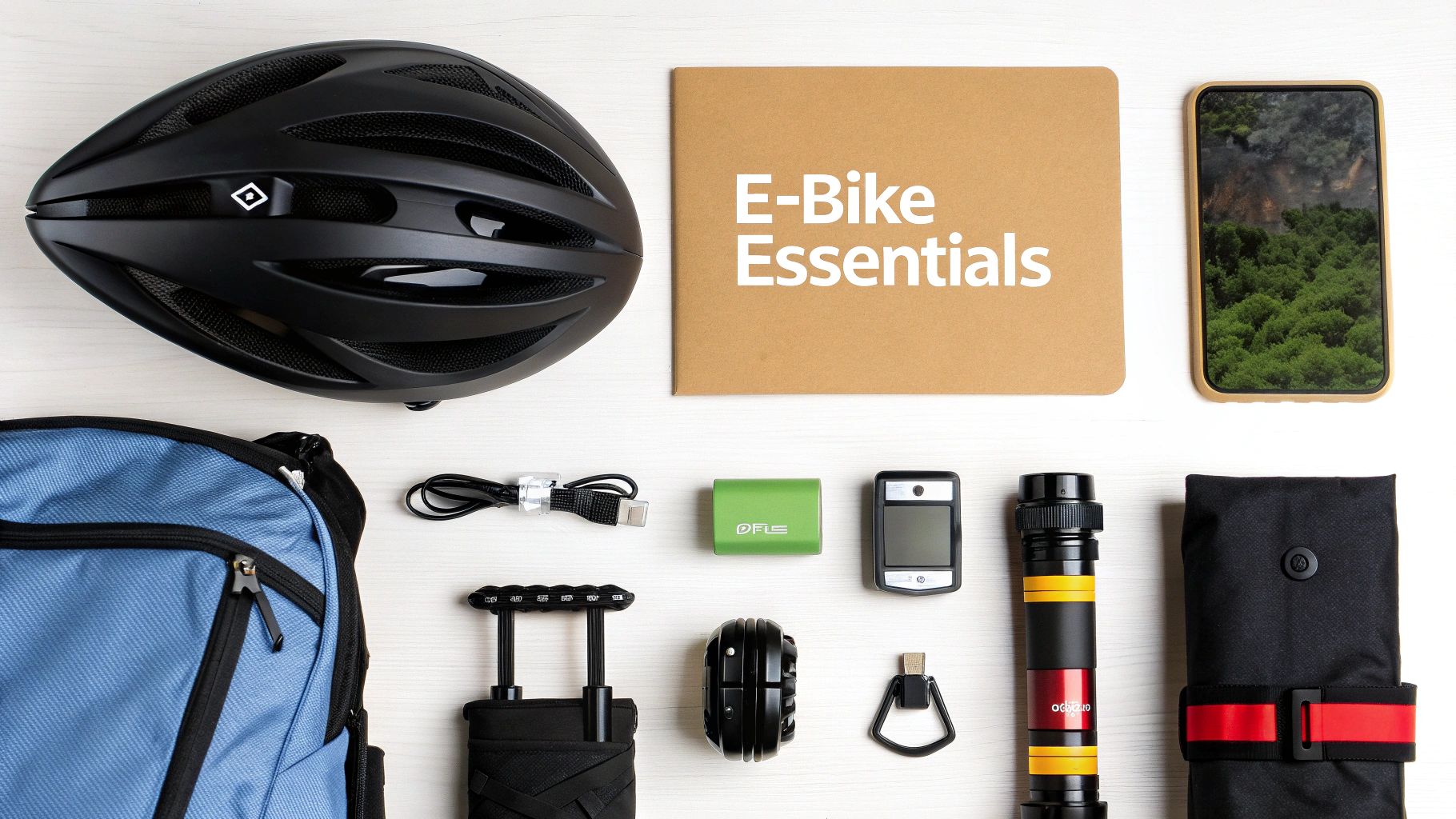 Flat lay of essential e-bike accessories including helmet, tools, lights, phone, and bag on white background