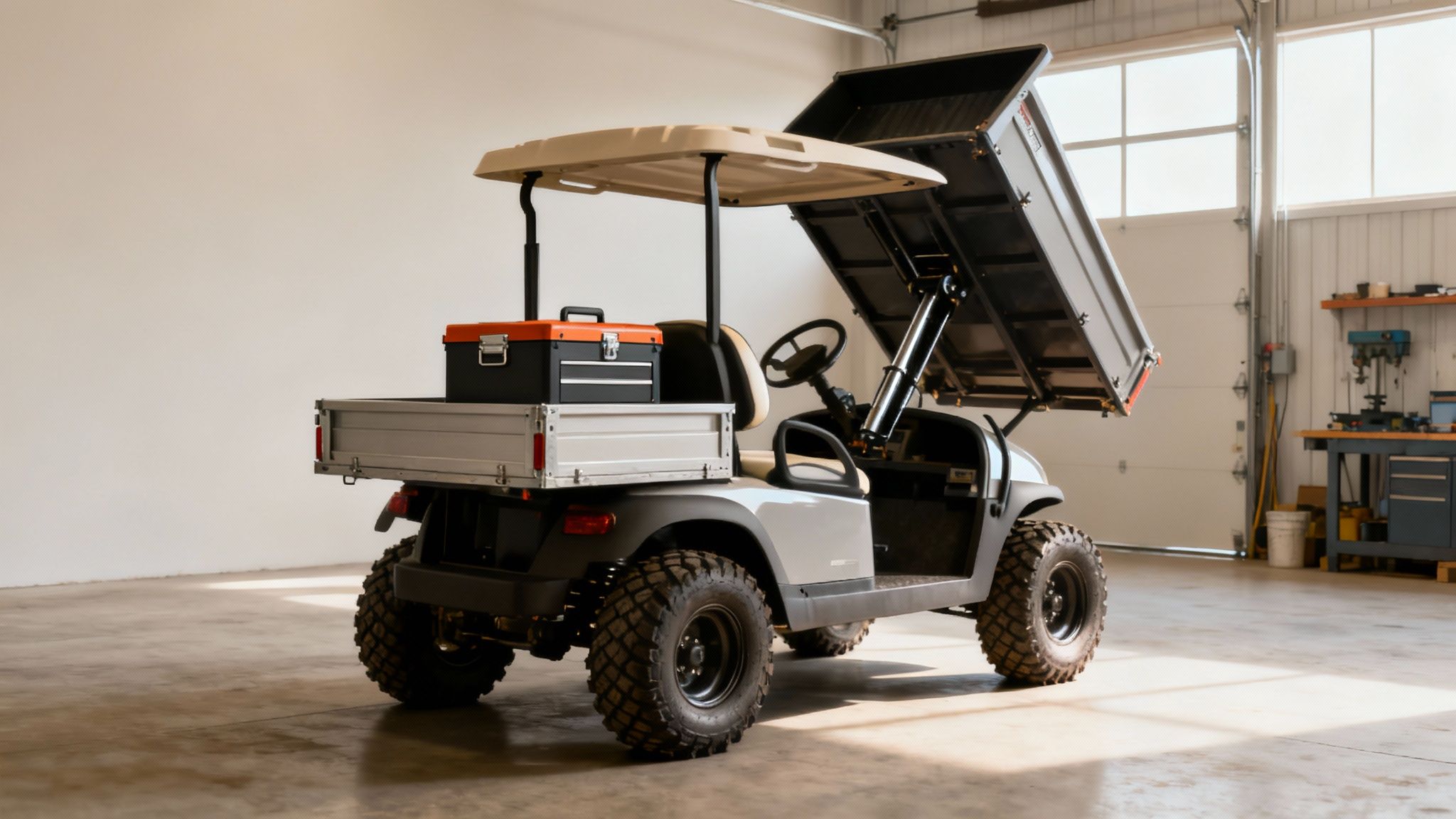Modified utility golf cart with dump bed, toolbox, rugged tires in warehouse garage