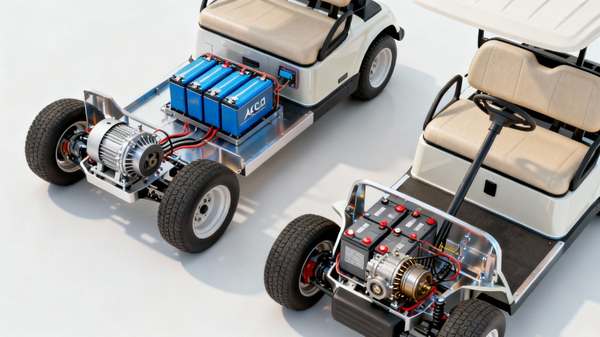 Technician inspecting the advanced lithium battery pack in a modern golf cart.