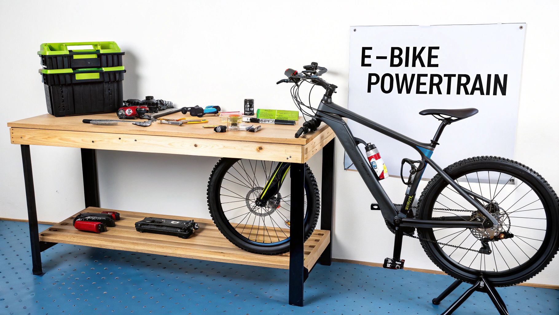 An e-bike stands next to a wooden workbench with tools, under an 'E-BIKE POWERTRAIN' sign.