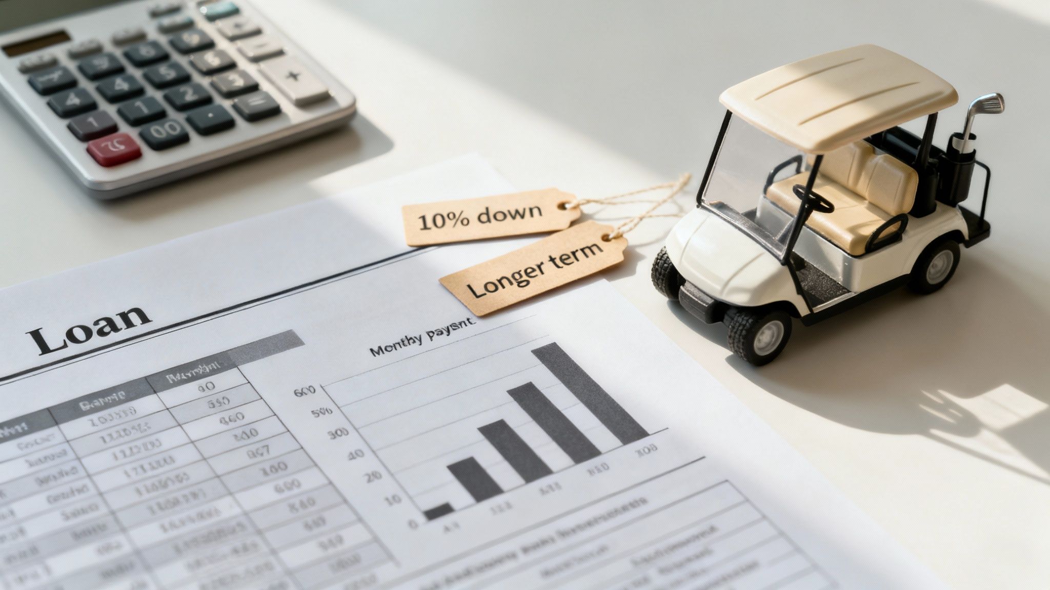 A calculator, loan document with a bar chart, miniature golf cart, and '10% down' and 'Longer term' tags.