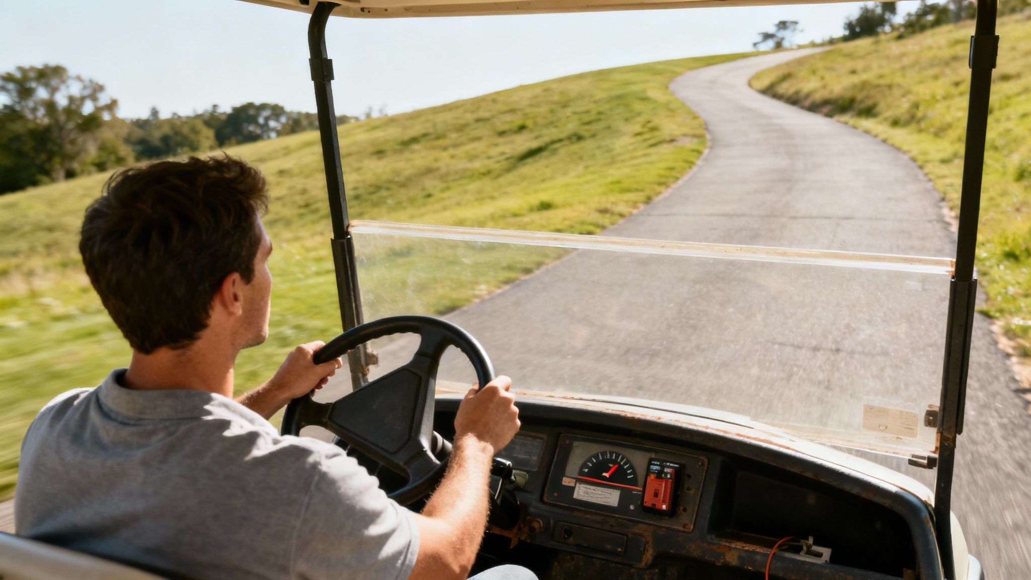 A person test driving a used golf cart on a paved path