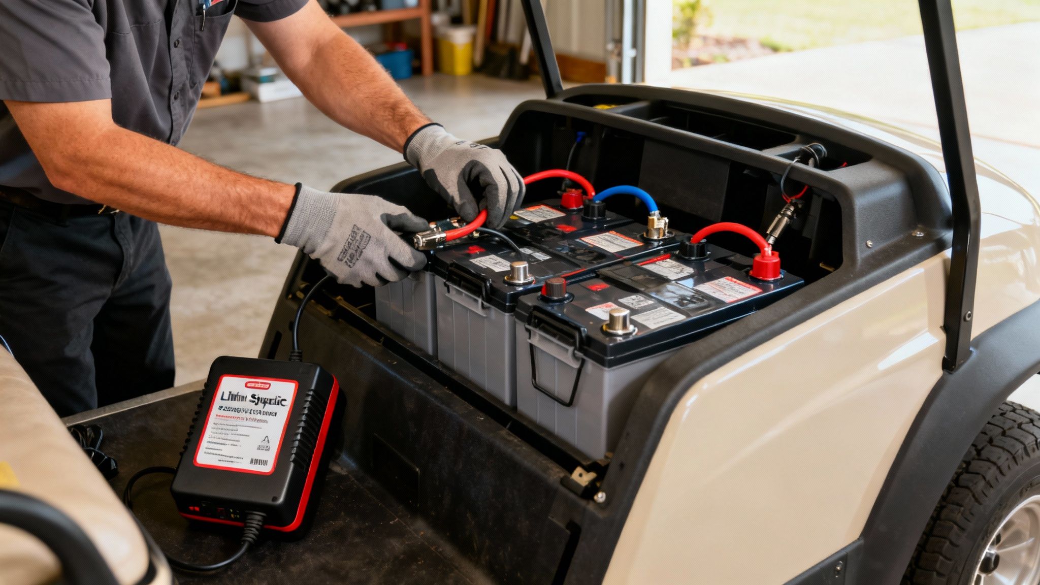 Technician installing lithium battery pack in golf cart with battery charger nearby